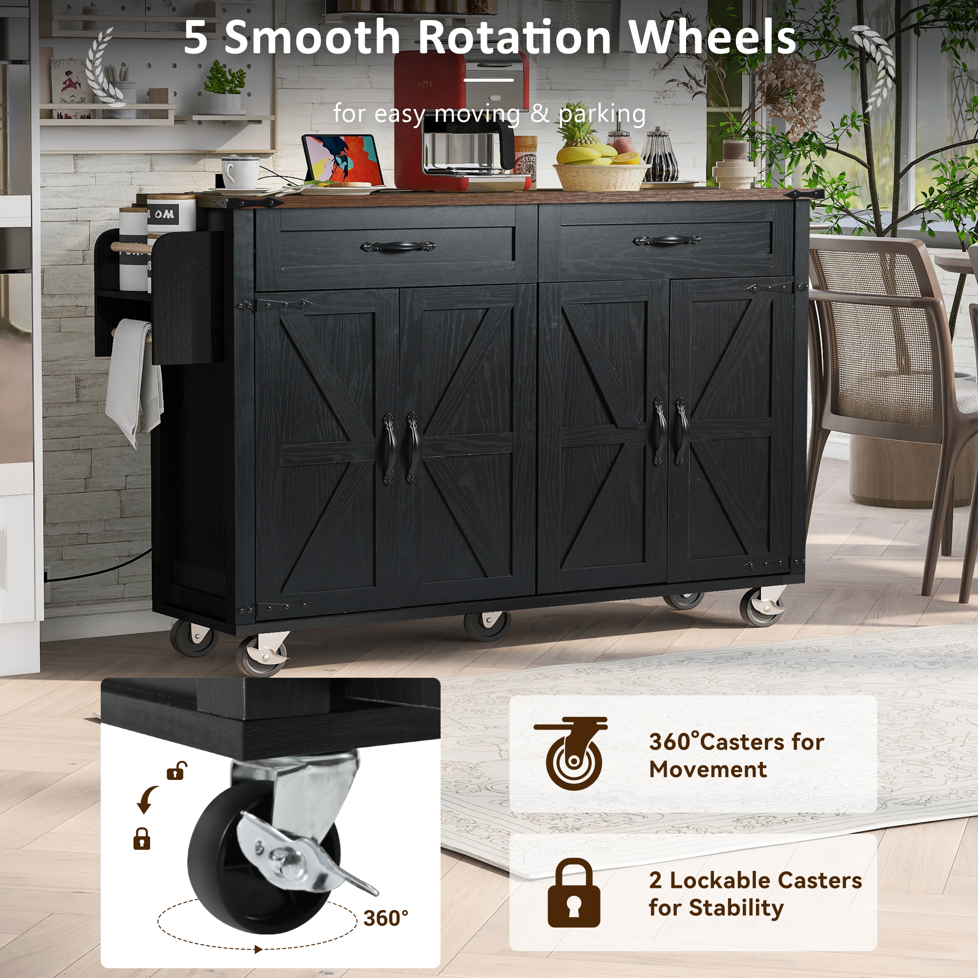 K&K 53.5" Black Farmhouse Kitchen Island with Power Outlet, Drop Leaf & Storage