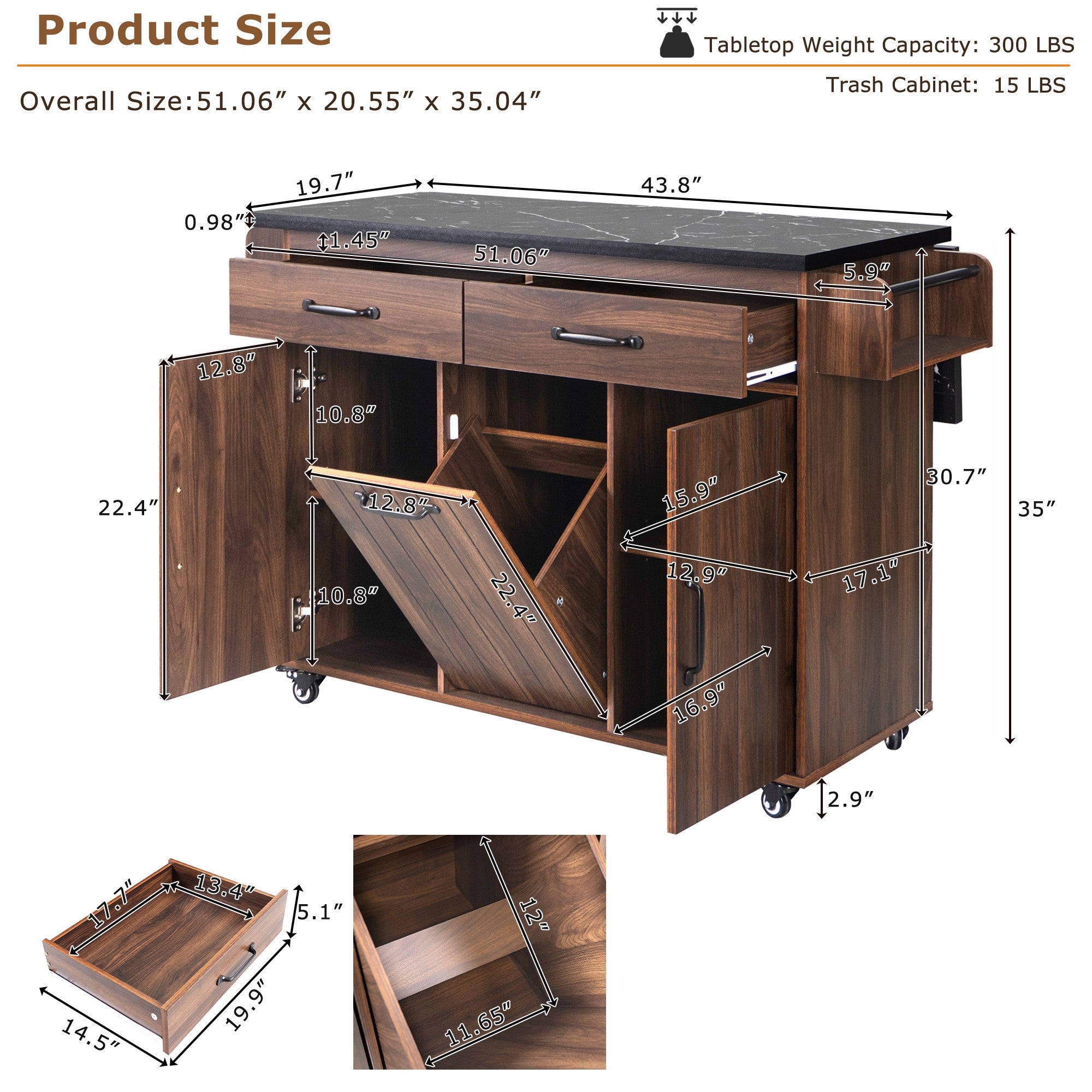 K&K Walnut Brown Kitchen Island Cart with Drop Leaf & Tilt-Out Trash Cabinet