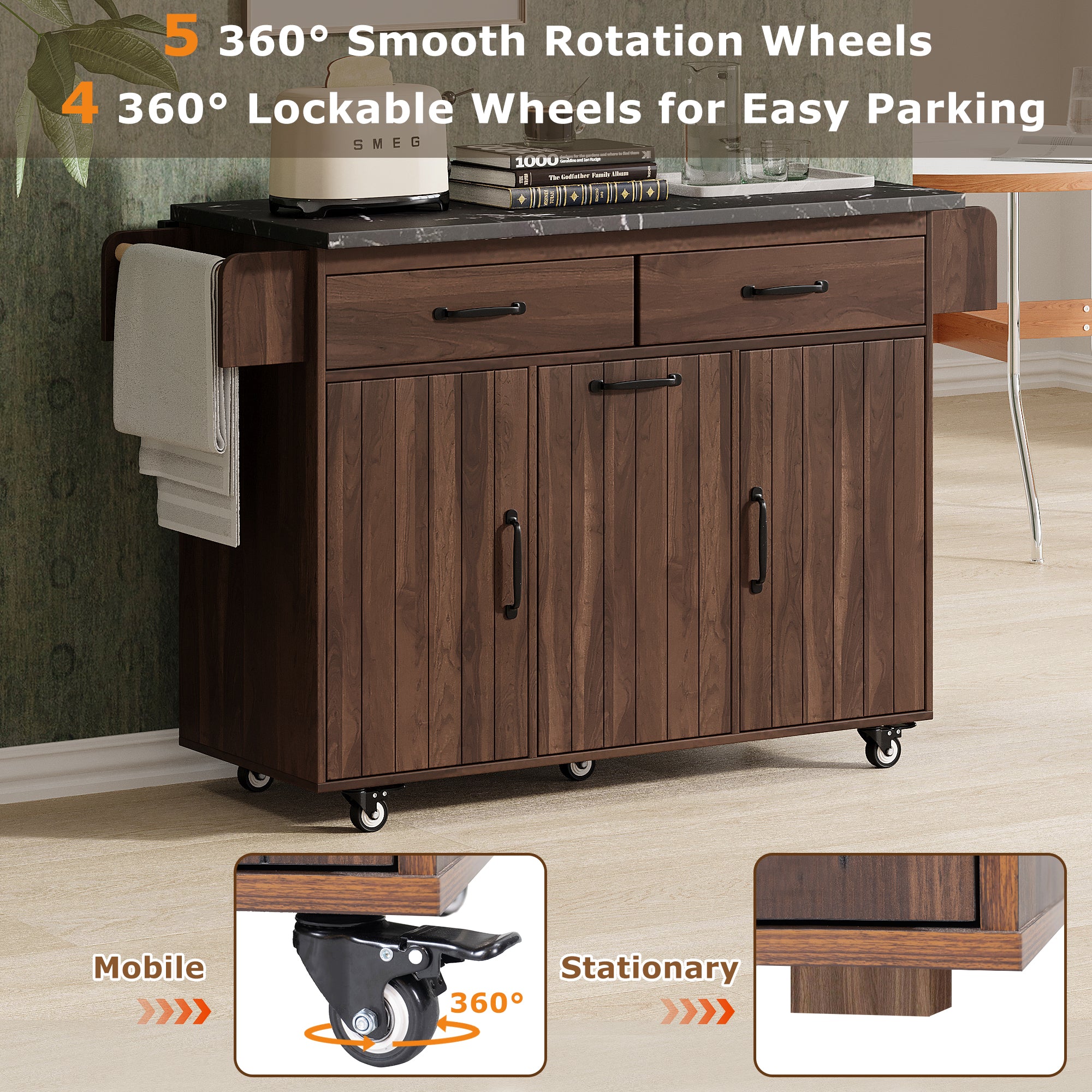 K&K Walnut Brown Kitchen Island Cart with Drop Leaf & Tilt-Out Trash Cabinet