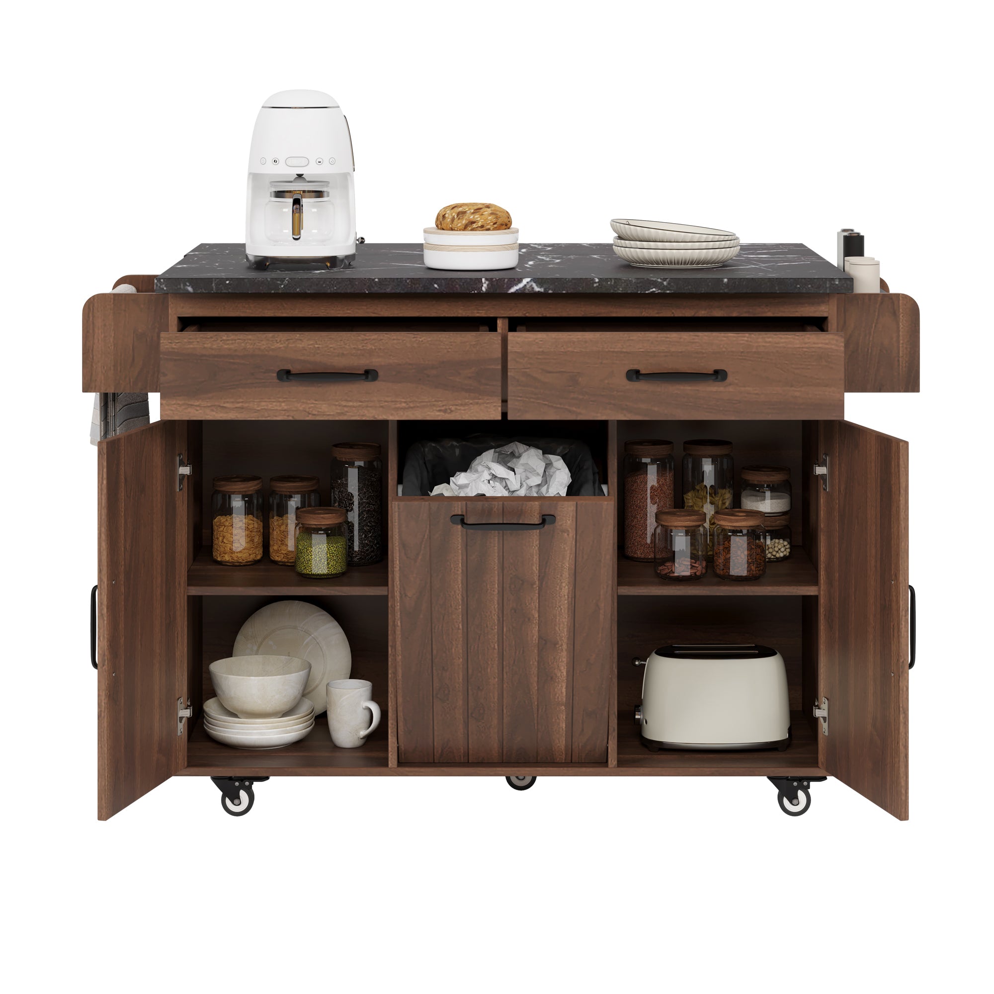 K&K Walnut Brown Kitchen Island Cart with Drop Leaf & Tilt-Out Trash Cabinet