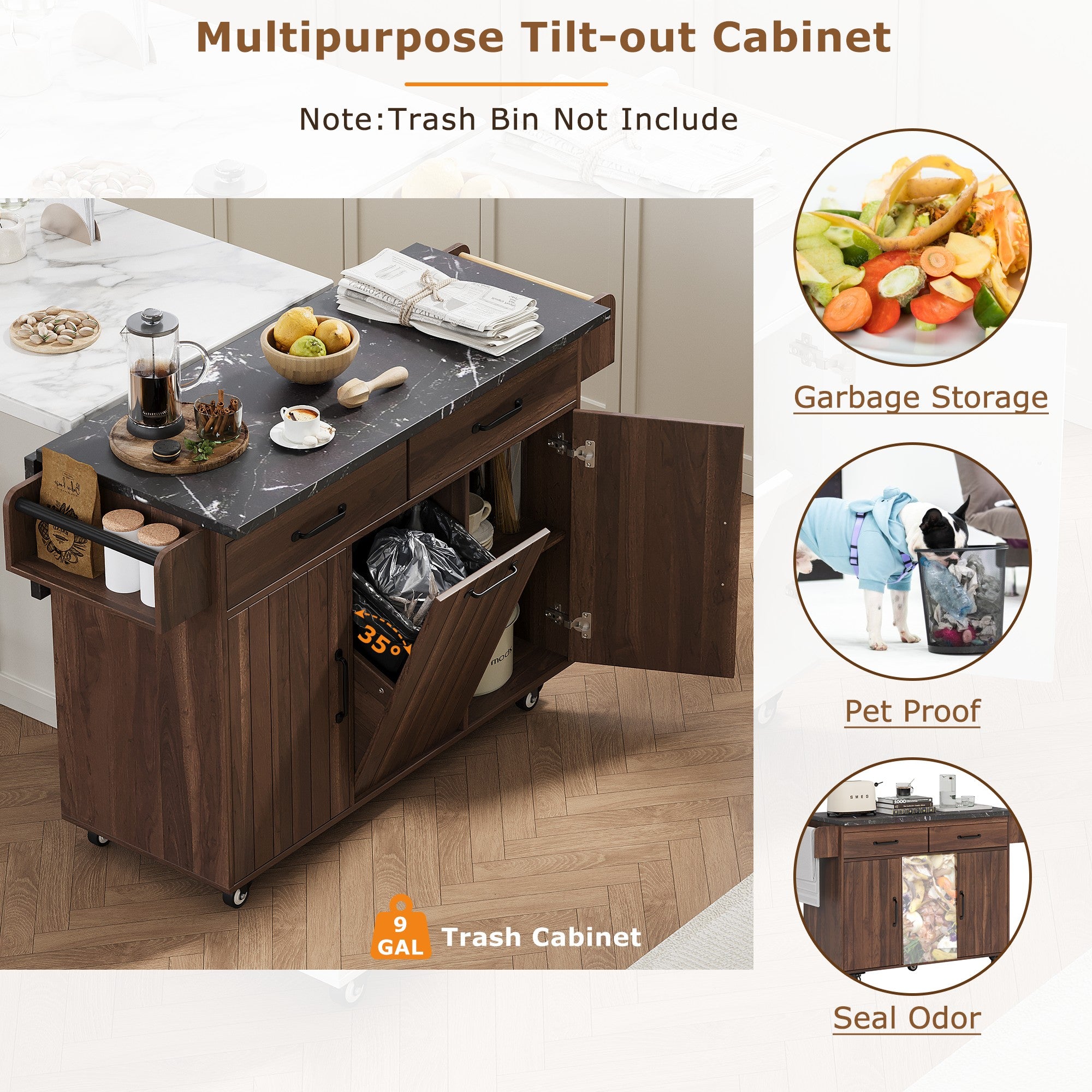 K&K Walnut Brown Kitchen Island Cart with Drop Leaf & Tilt-Out Trash Cabinet