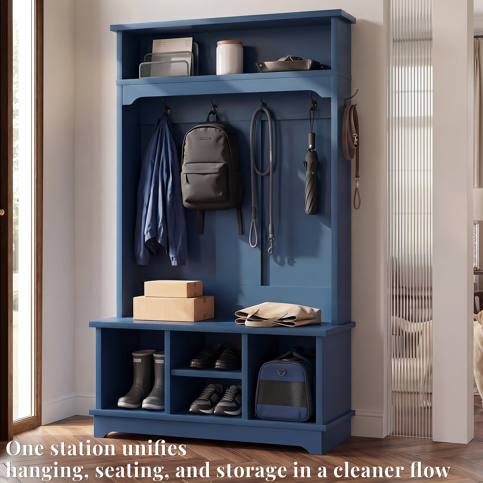 OMCHOM 5-in-1 Entryway Hall Tree with Bench & 4-Hook Coat Rack Organizer with Shoe Storage for Clothes, Shoes, Hats, Scarves, Bags, Umbrellas & Keys | 71" Tall Coat Rack with Shoe Storage & Top Shelf