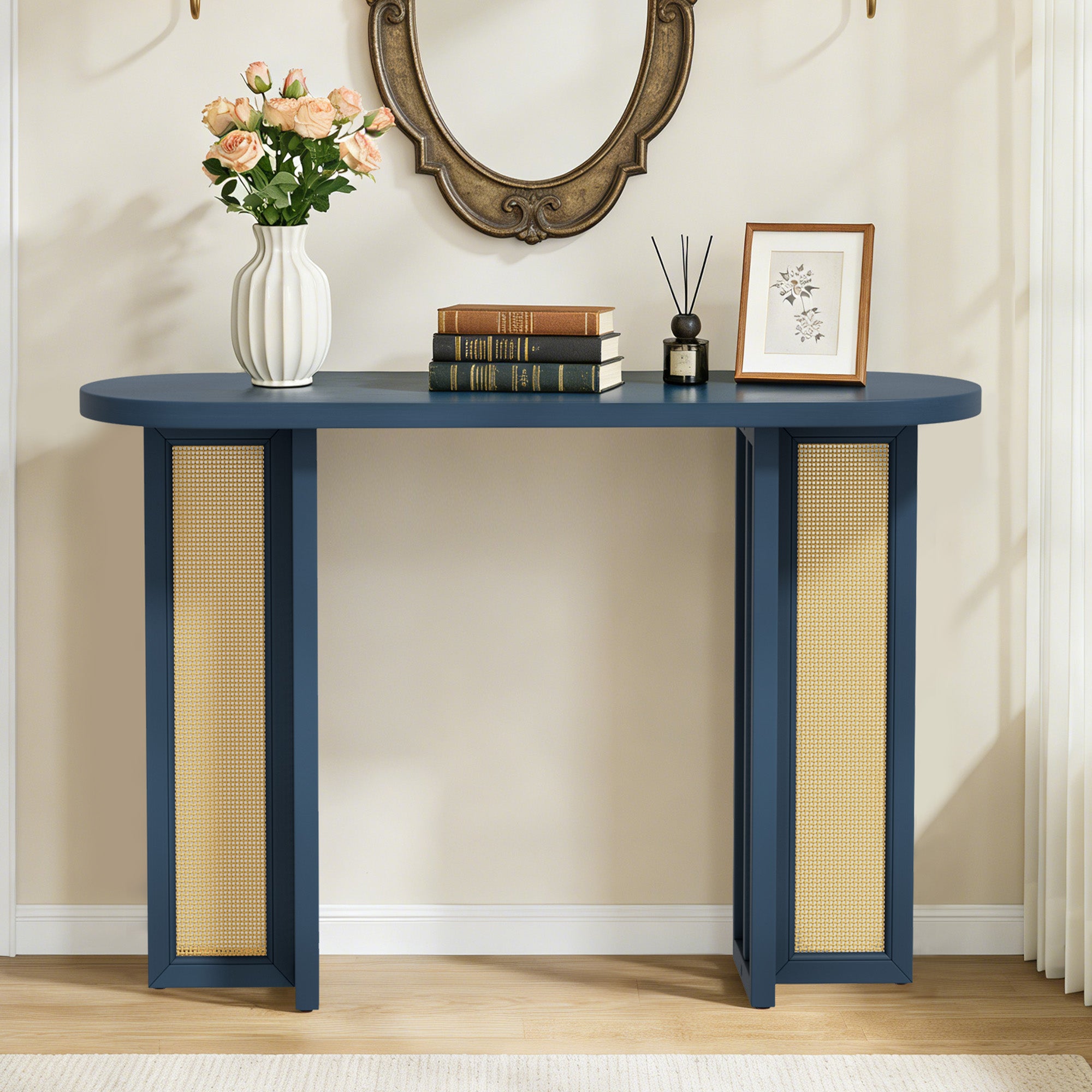 CATLK 47.8" Farmhouse Rattan Console Table - Oval Wooden Sofa Table Behind Couch, Narrow Entryway Table for Entryway & Living Room