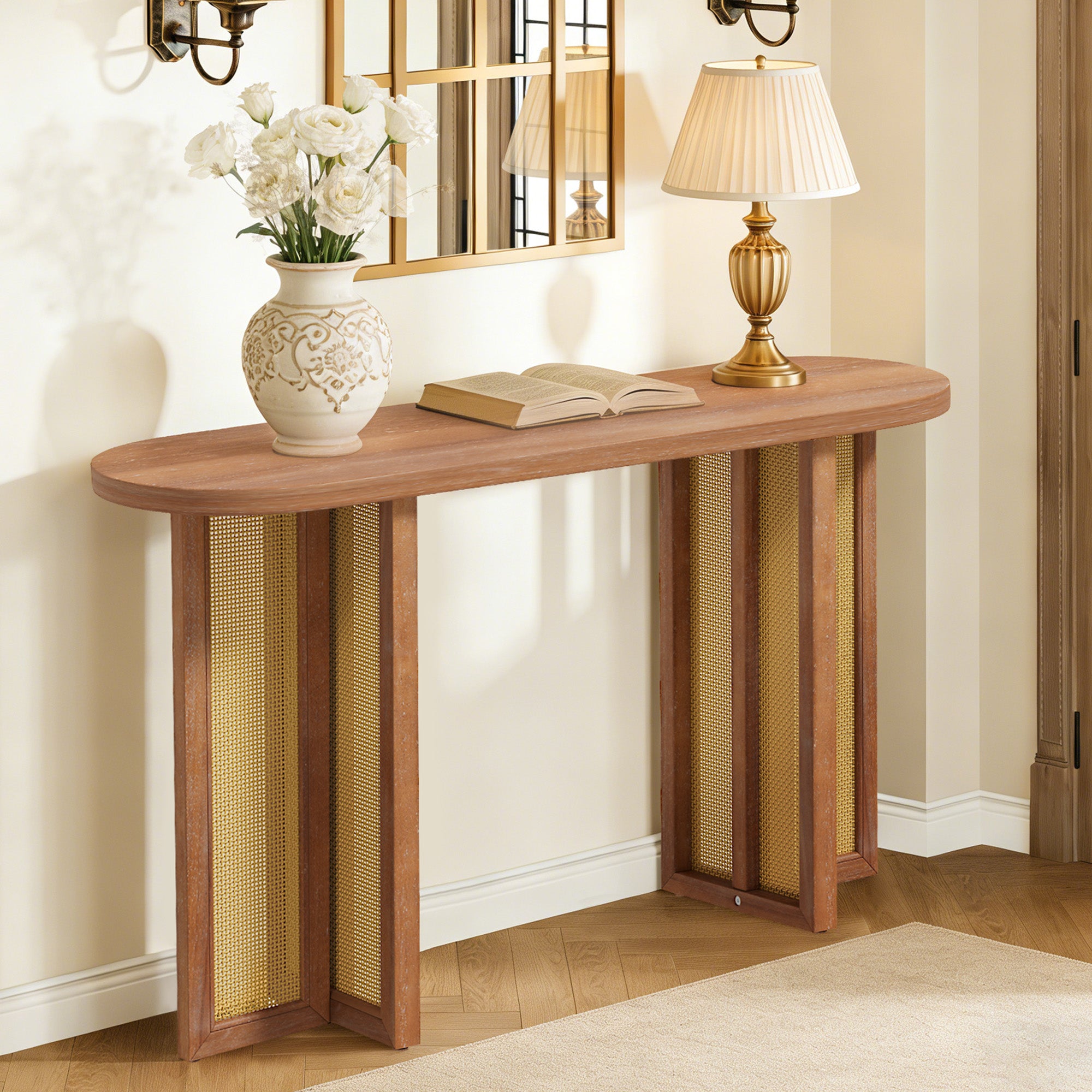CATLK 47.8" Farmhouse Rattan Console Table - Oval Wooden Sofa Table Behind Couch, Narrow Entryway Table for Entryway & Living Room