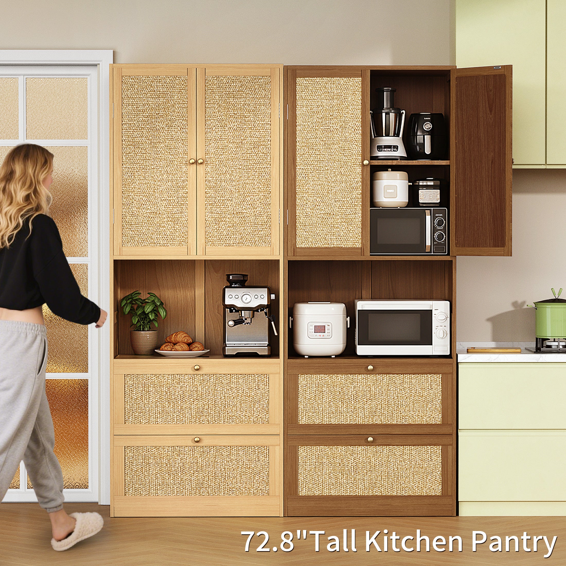 CATLK 72.8" H Rattan Pantry Storage Cabinet with 3 Drawers, Bookshelf with USB Port, with 2 Doors, Cupboard, Kitchen Cabinet, for Living Room, Entryway