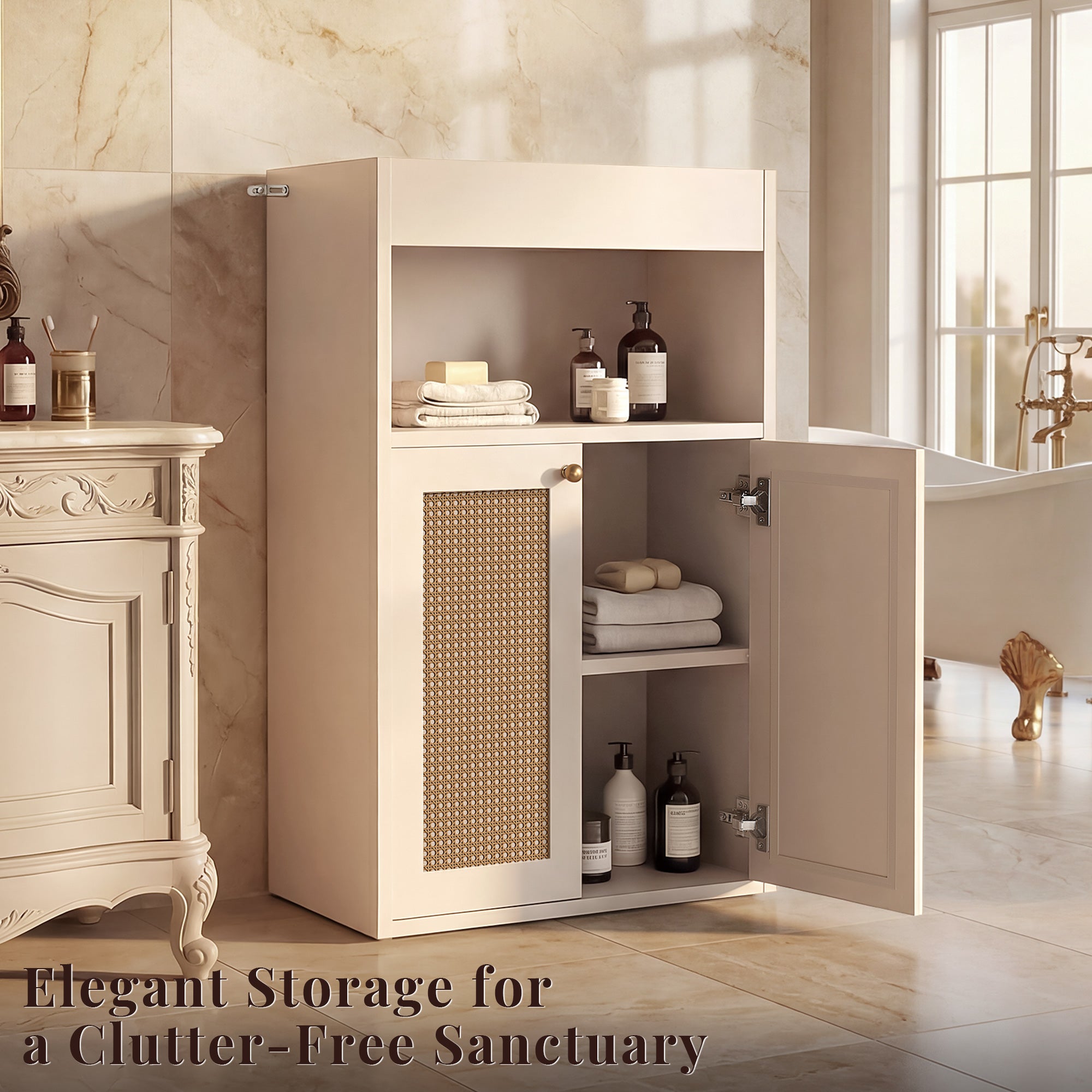 OMCHOM Easy Setup Bathroom Cabinet Organizer, Bathroom Floor Storage Cabinet, Wooden Storage Organizer with 2-Door Space-Saving Cabinet with Shelves and 1 Cupboard, Freestanding Entryway Storage Unit Console Table