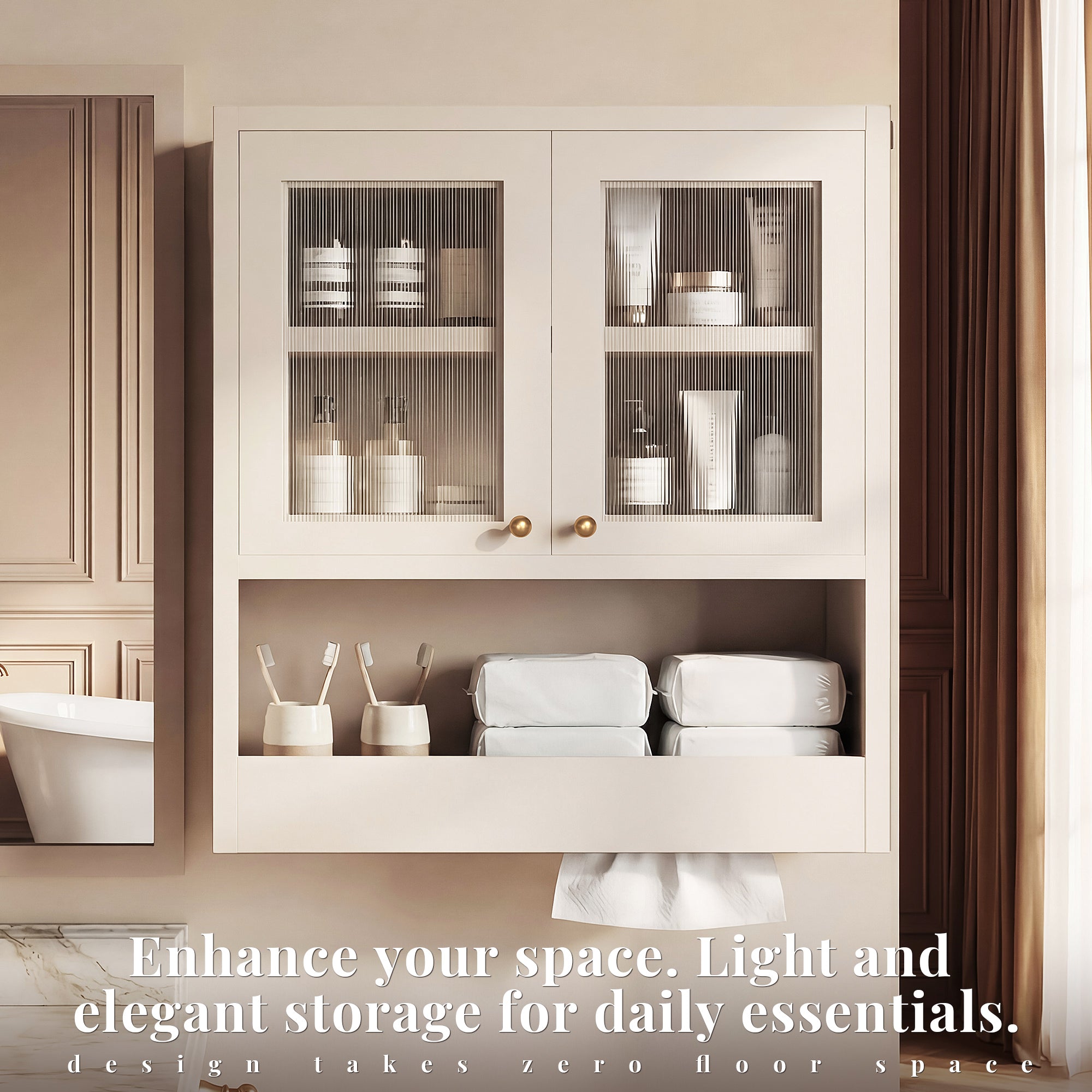 OMCHOM Bathroom Wall Cabinet with 2 Door Adjustable Shelves,Smart Zoned Open & Concealed Storage,Over The Toilet Storage Wall Mounted Medicine Cabinets,for Bathroom Laundry Room Kitchen