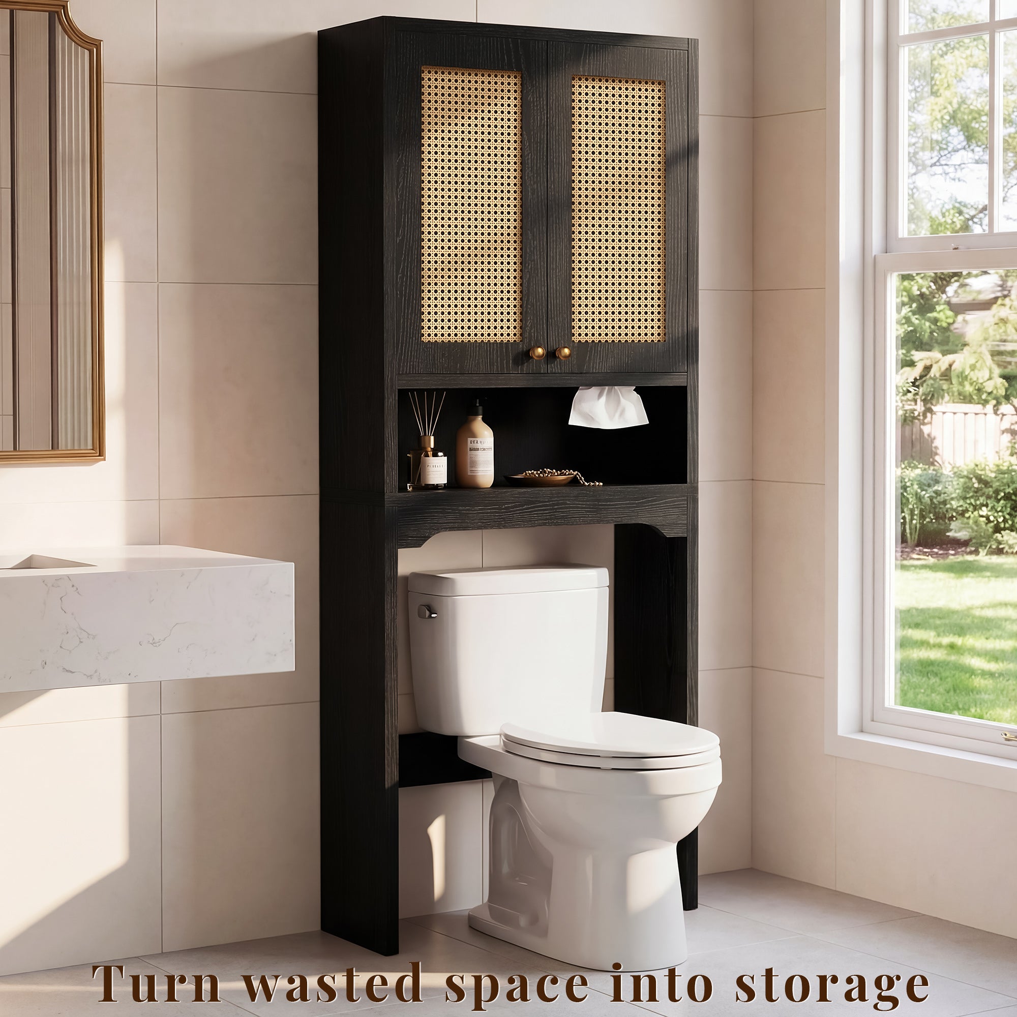 OMCHOM Over-The-Toilet Tall Bathroom Storage Cabinet with Wooden Floor, Rattan Door, 1 Drawer & Open Storage for Bathroom, Kitchen, Living Room