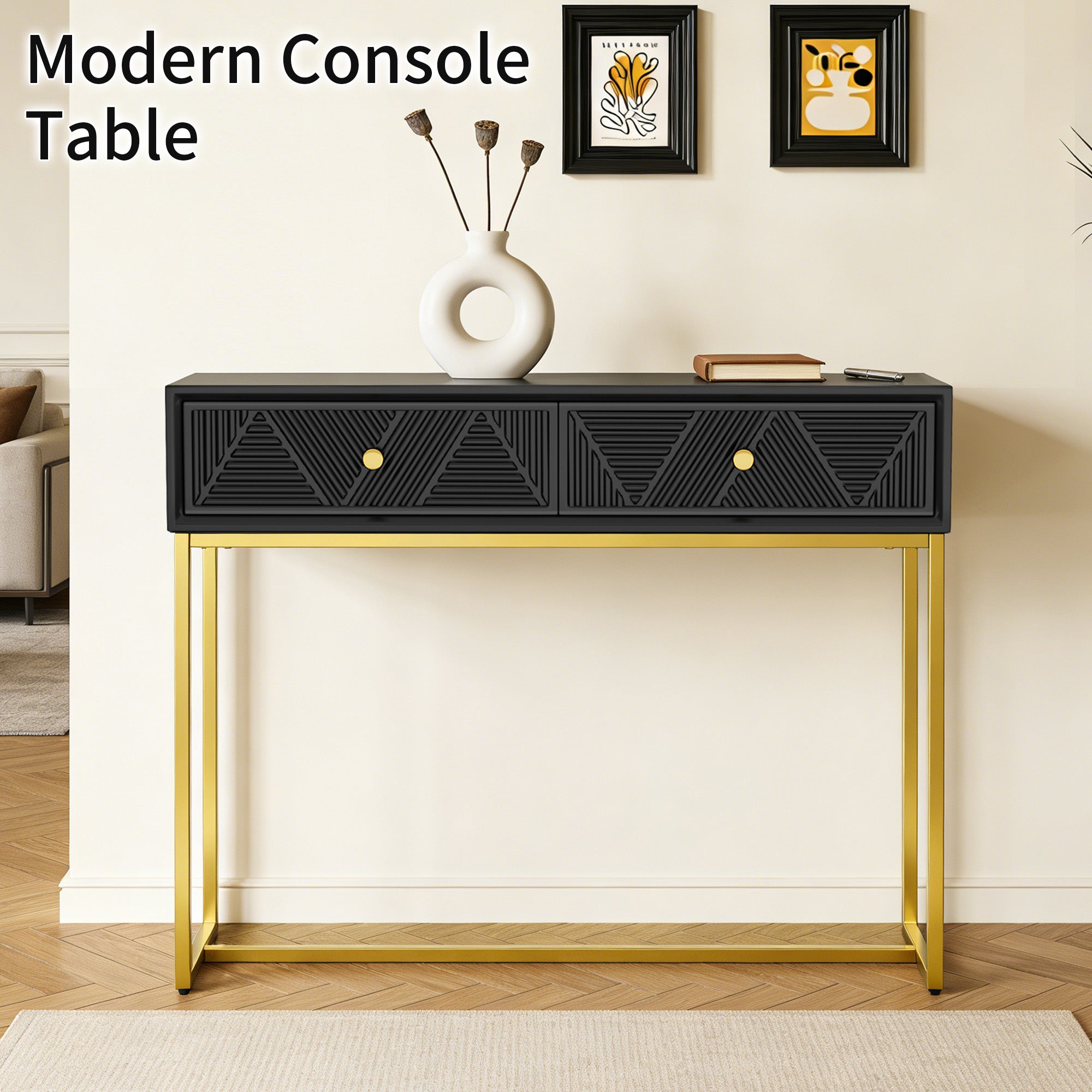 CATLK 38" Console Table with Stripe Design Drawers - Narrow Entryway Table, Wood Sofa Table with Gold Metal Legs for Living Room & Hallway