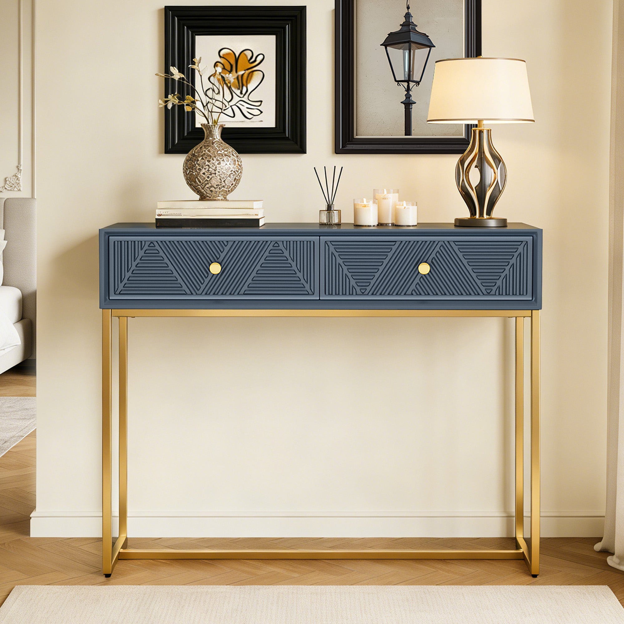 CATLK 38" Console Table with Stripe Design Drawers - Narrow Entryway Table, Wood Sofa Table with Gold Metal Legs for Living Room & Hallway