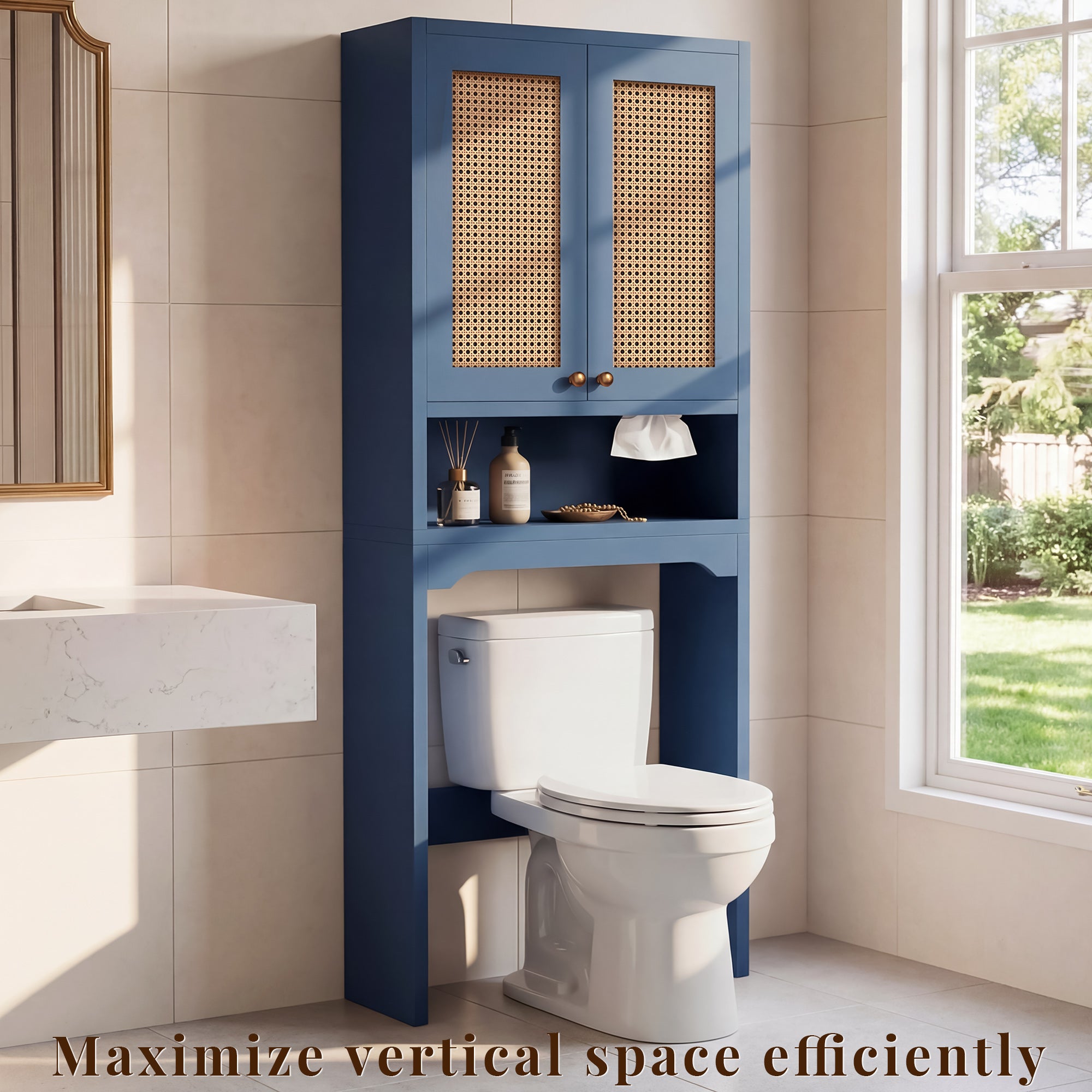 OMCHOM Over-The-Toilet Tall Bathroom Storage Cabinet with Wooden Floor, Rattan Door, 1 Drawer & Open Storage for Bathroom, Kitchen, Living Room