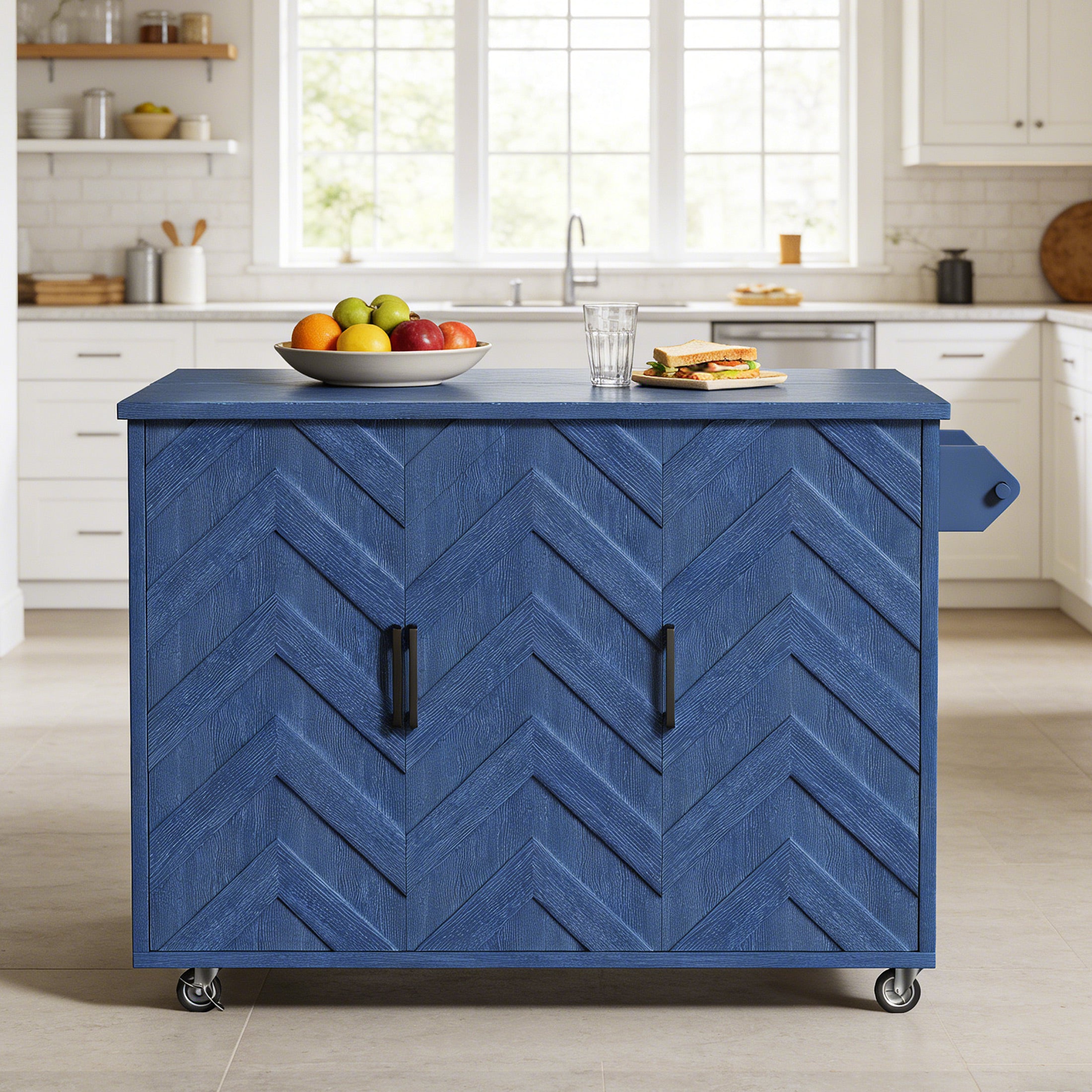 CATLK 51.2"W Kitchen Island on Wheels, Rolling Kitchen Island Cart with Solid Wood Drop Leaf Prep Table, Kitchen Islands with Storage Cabinet and Towel Rack, Island Table