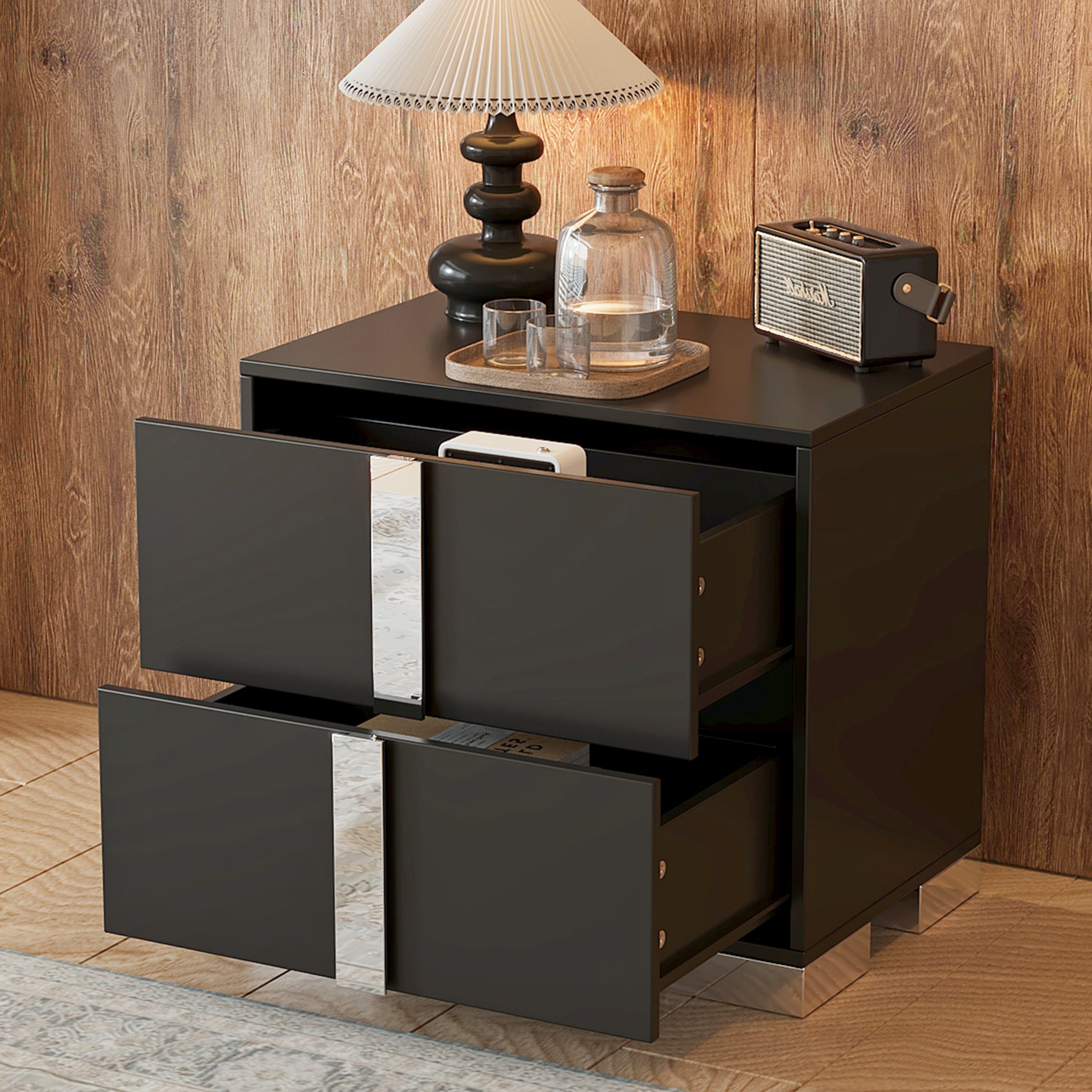 Black Mirrored Bedside Nightstand – Modern 2-Drawer Table