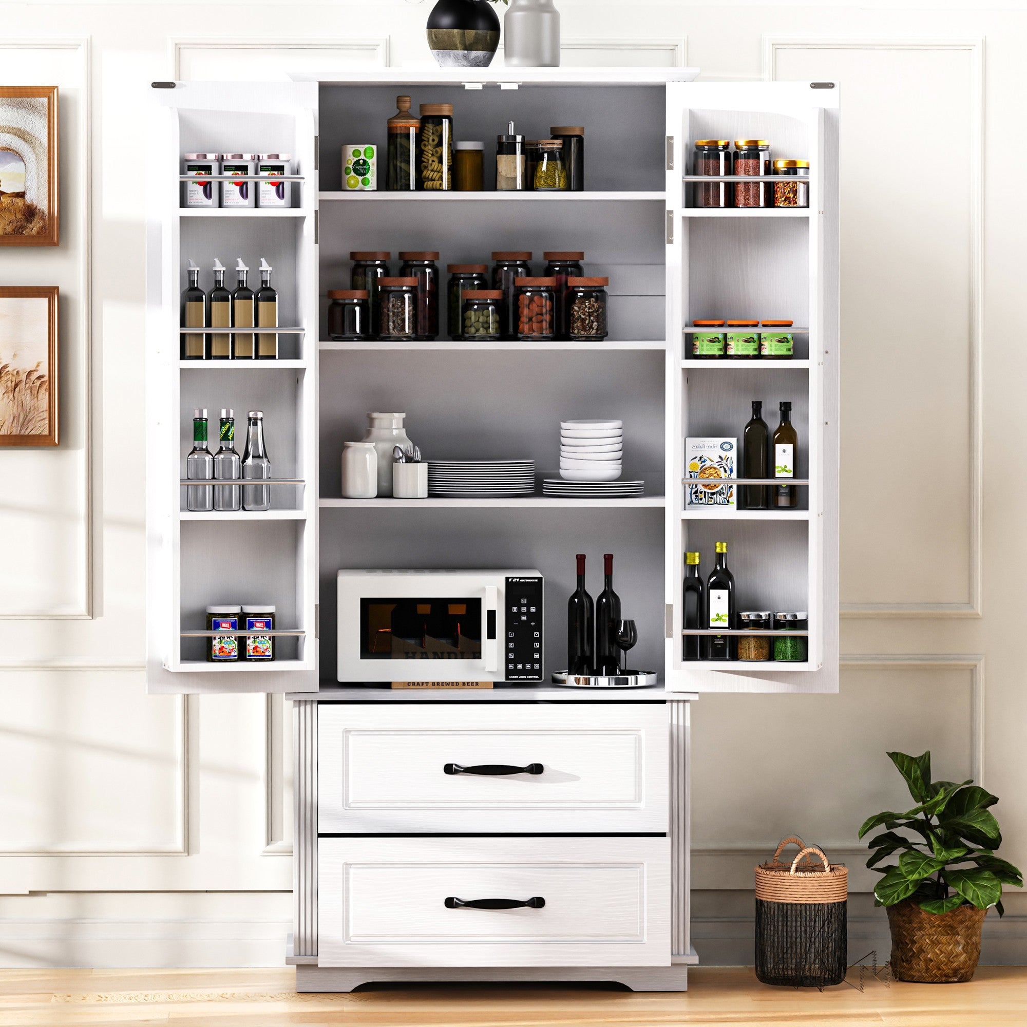 K&K 71" Farmhouse Kitchen Pantry Cabinet with Storage, White