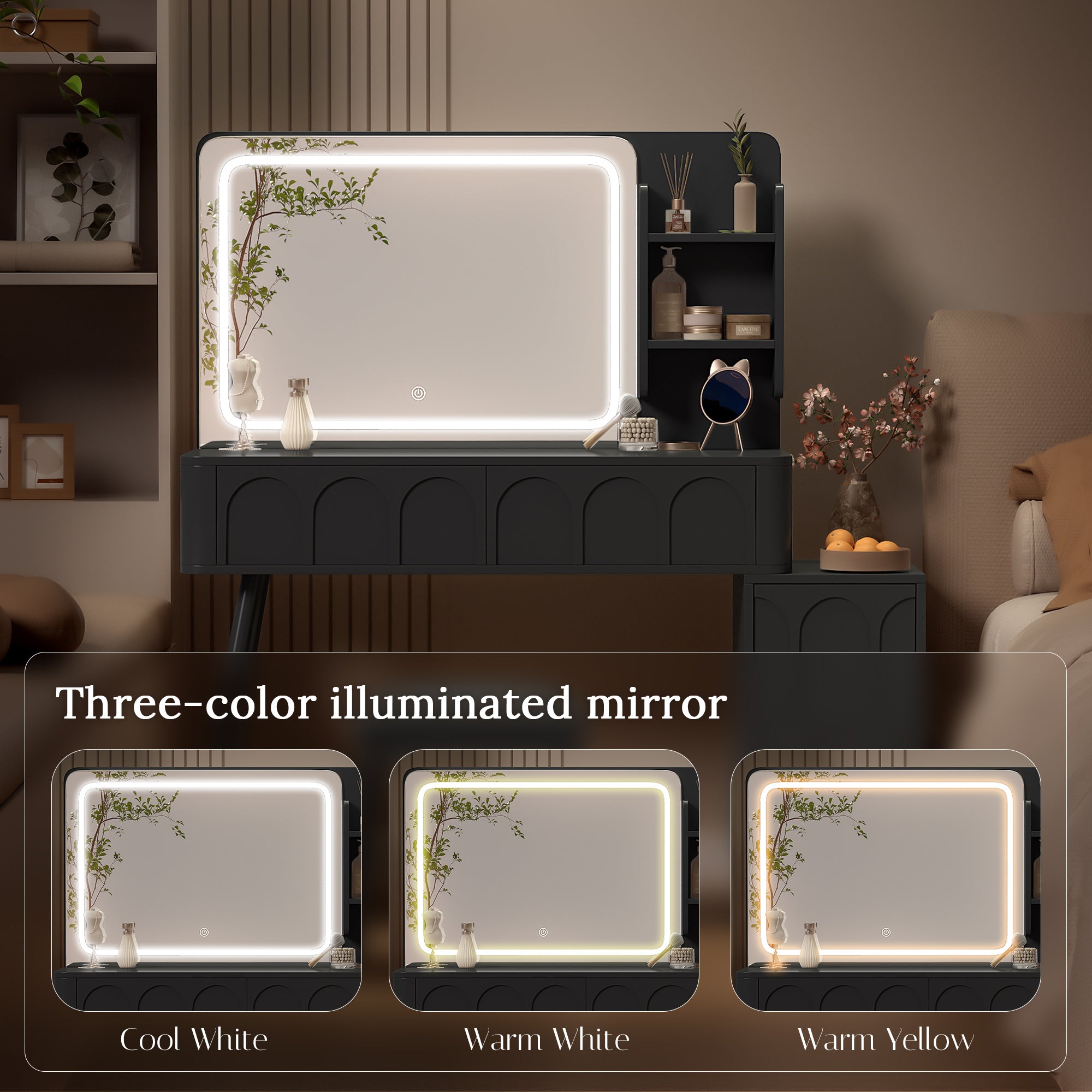 Black Vanity Set with LED Mirror & 4 Drawers