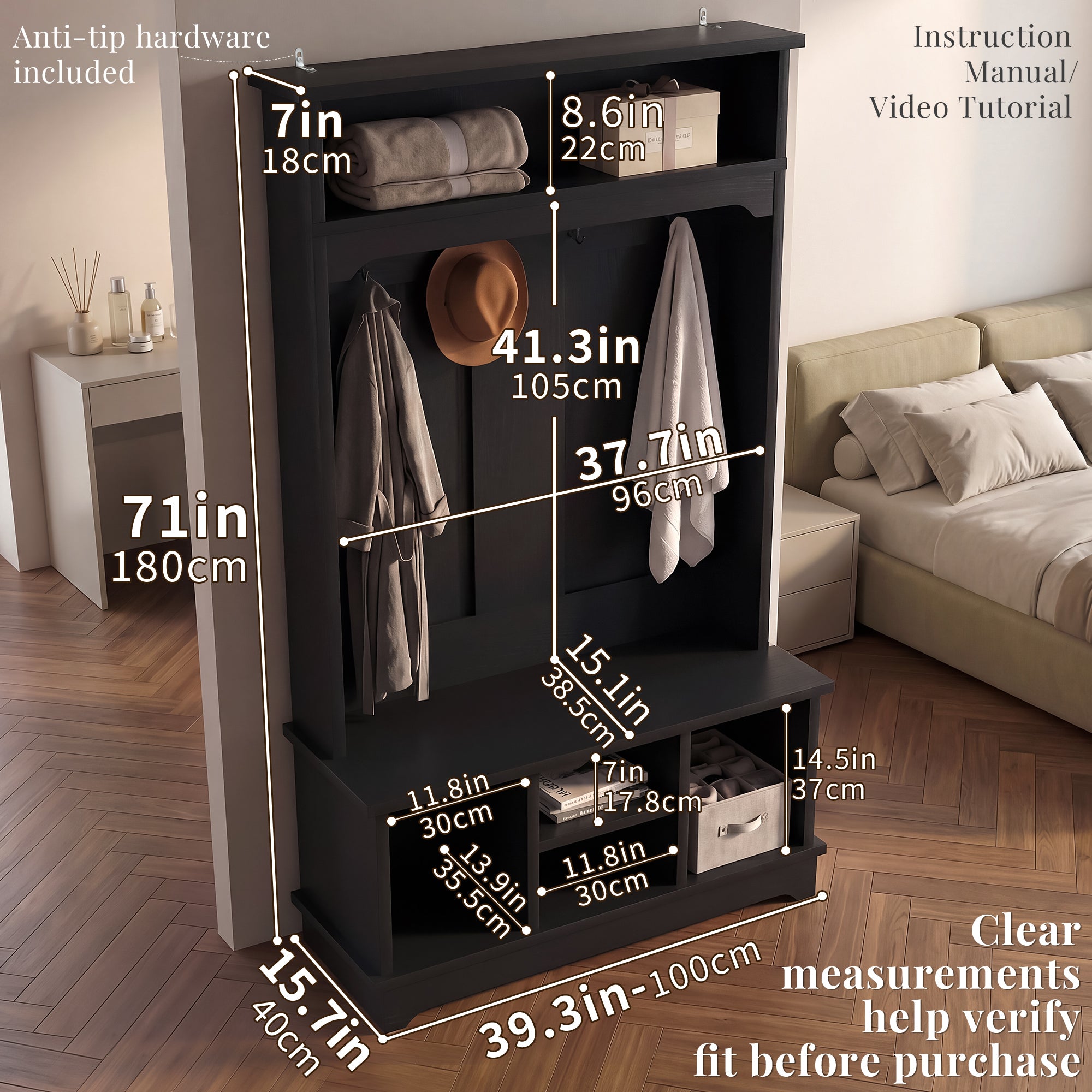 OMCHOM 5-in-1 Entryway Hall Tree with Bench & 4-Hook Coat Rack Organizer with Shoe Storage for Clothes, Shoes, Hats, Scarves, Bags, Umbrellas & Keys | 71" Tall Coat Rack with Shoe Storage & Top Shelf