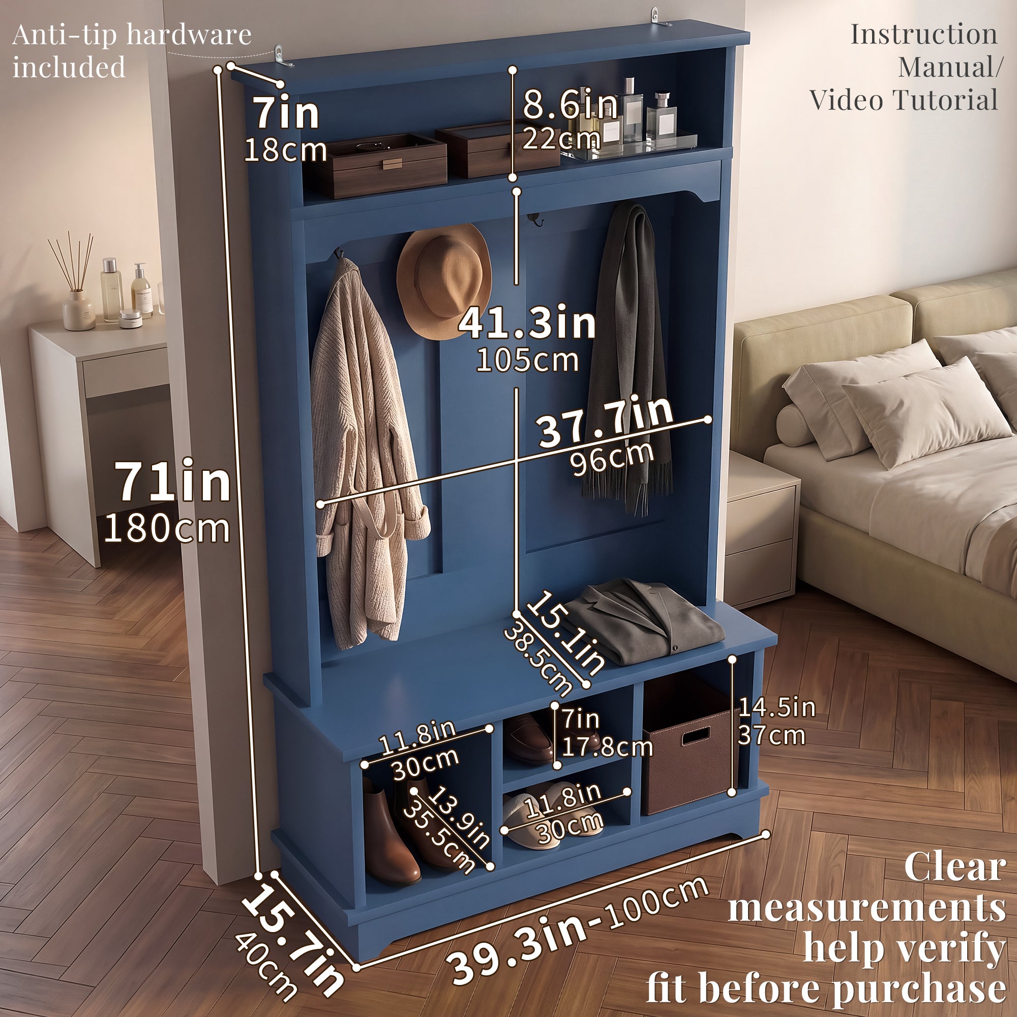 OMCHOM 5-in-1 Entryway Hall Tree with Bench & 4-Hook Coat Rack Organizer with Shoe Storage for Clothes, Shoes, Hats, Scarves, Bags, Umbrellas & Keys | 71" Tall Coat Rack with Shoe Storage & Top Shelf