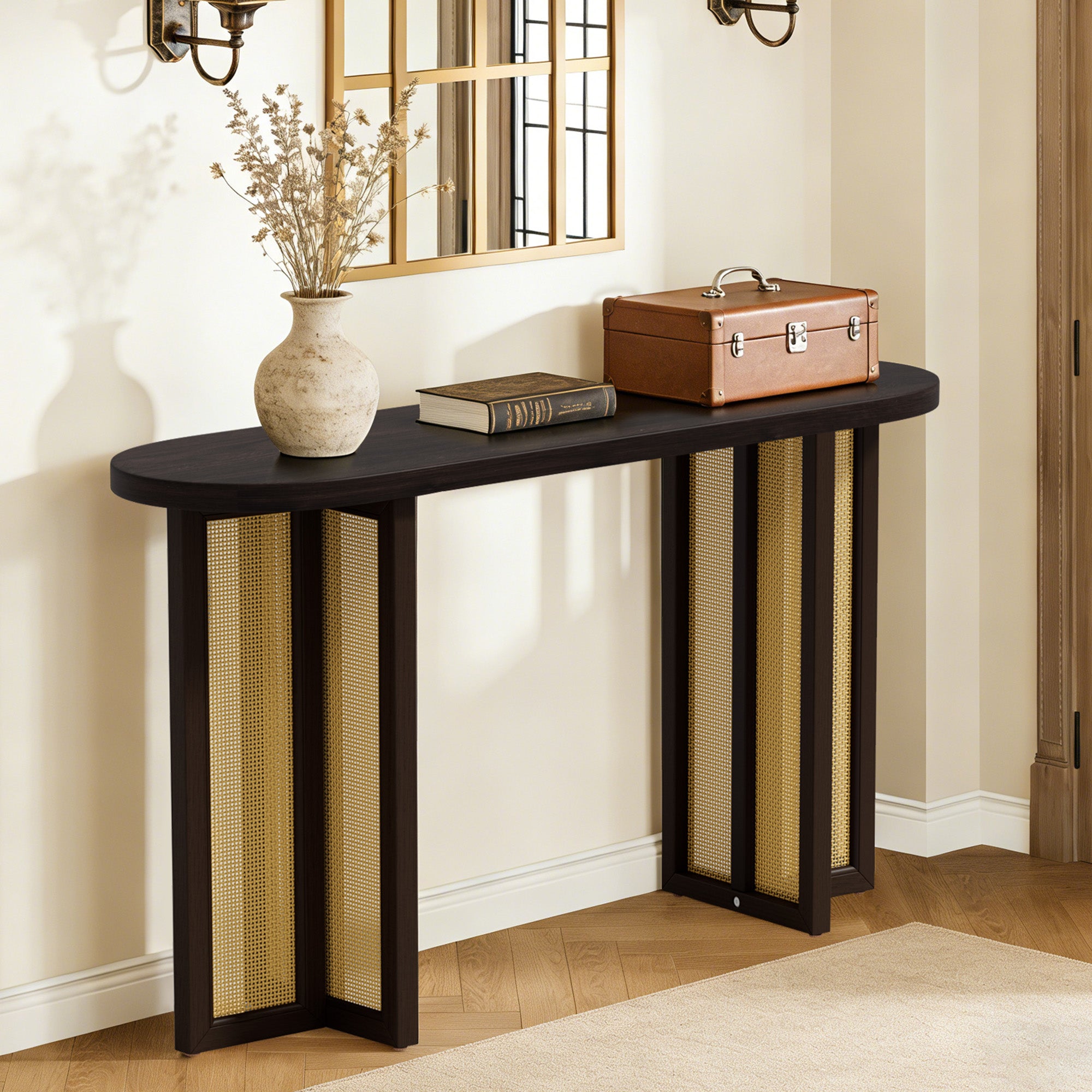 CATLK 47.8" Farmhouse Rattan Console Table - Oval Wooden Sofa Table Behind Couch, Narrow Entryway Table for Entryway & Living Room