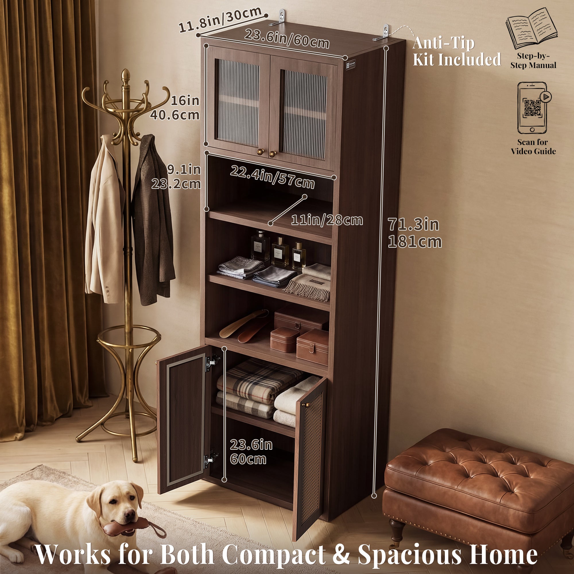 OMCHOM 71" Tall Bathroom Storage Cabinet with Adjustable Shelves,with Fluted Glass & Rattan Doors, Narrow Tall Linen Tower with Open Shelves, Two-Way Doors Freestanding Cabinet with Anti-Tip, for Home, Kitchen, Living Room