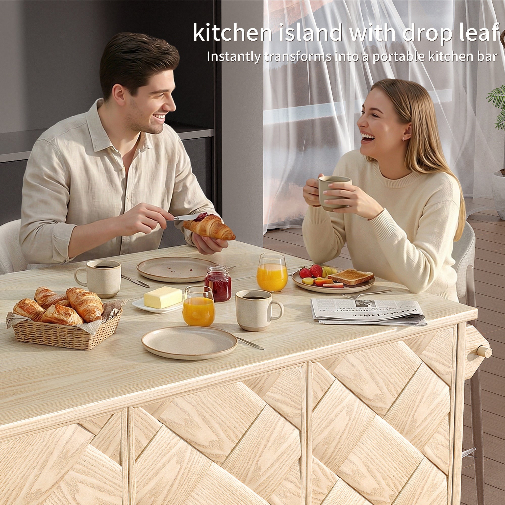 CATLK 51.2"W Kitchen Island on Wheels, Rolling Kitchen Island Cart with Solid Wood Drop Leaf Prep Table, Kitchen Islands with Storage Cabinet and Towel Rack, Island Table