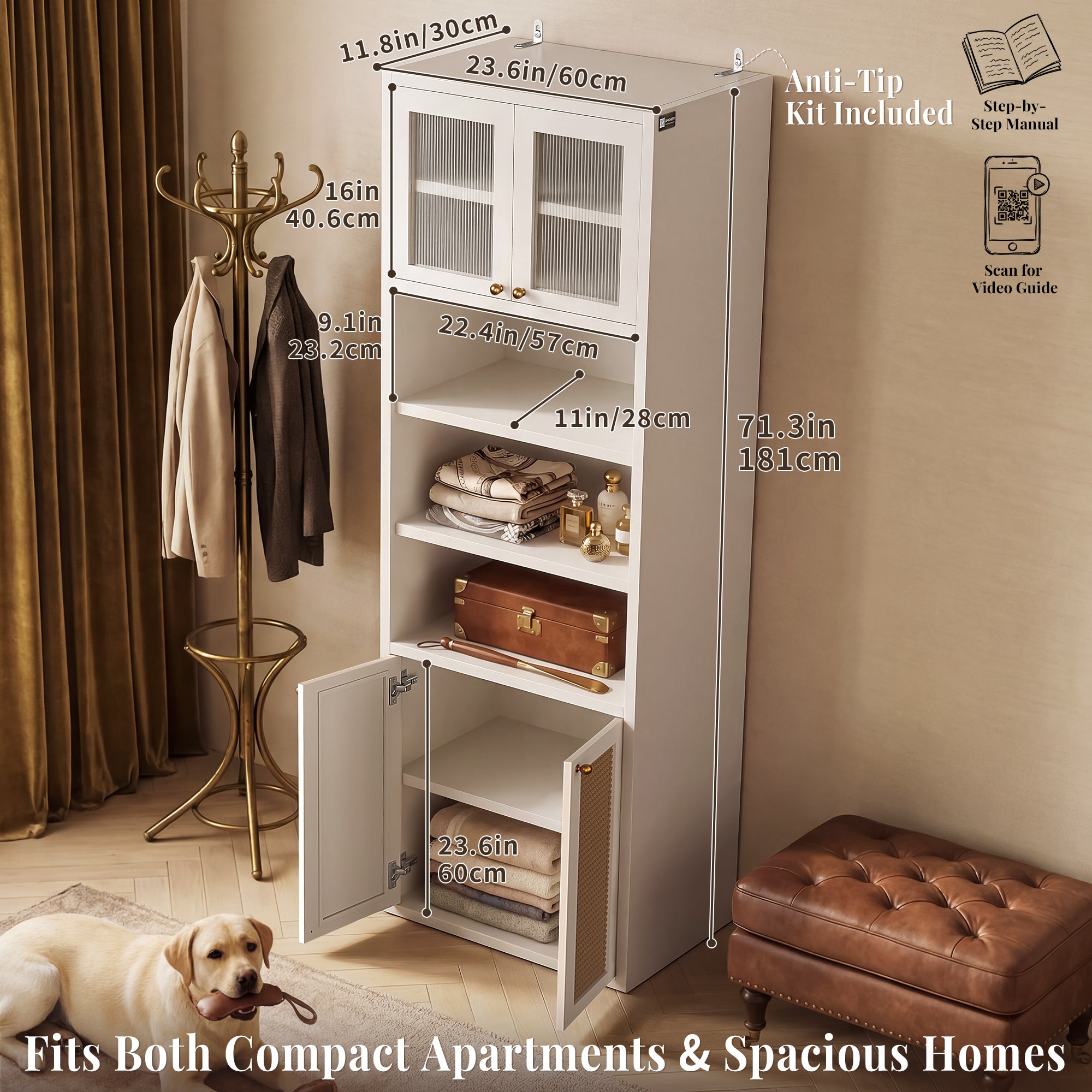 OMCHOM 71" Tall Bathroom Storage Cabinet with Adjustable Shelves,with Fluted Glass & Rattan Doors, Narrow Tall Linen Tower with Open Shelves, Two-Way Doors Freestanding Cabinet with Anti-Tip, for Home, Kitchen, Living Room