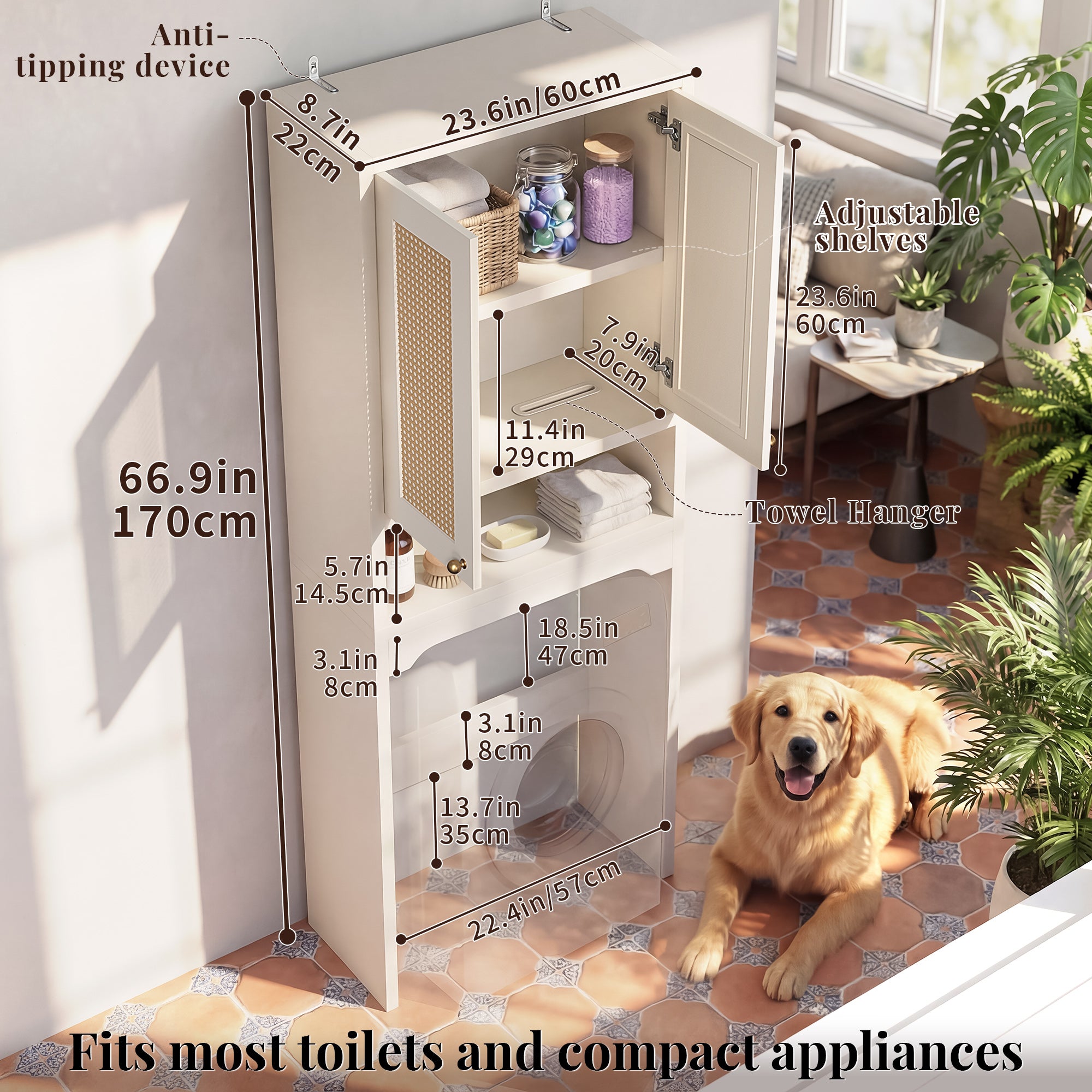 OMCHOM Over-The-Toilet Tall Bathroom Storage Cabinet with Wooden Floor, Rattan Door, 1 Drawer & Open Storage for Bathroom, Kitchen, Living Room