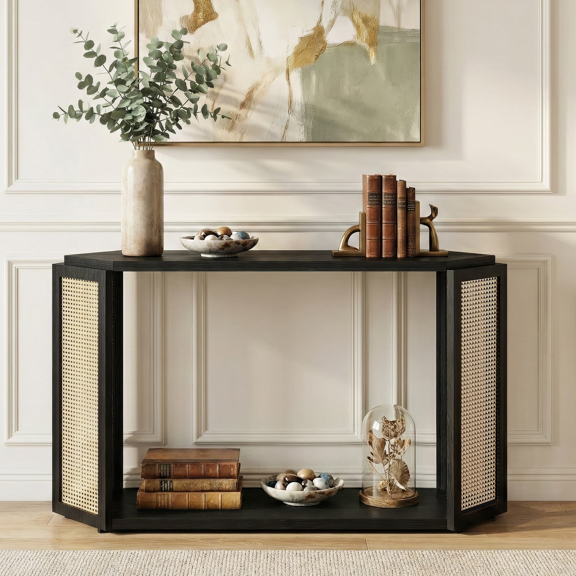 CATLK 53.54" Rattan Console Table with Open Shelf - Narrow Sofa Table Rhombus Wooden Table for Entryway, Hallway, Living Room