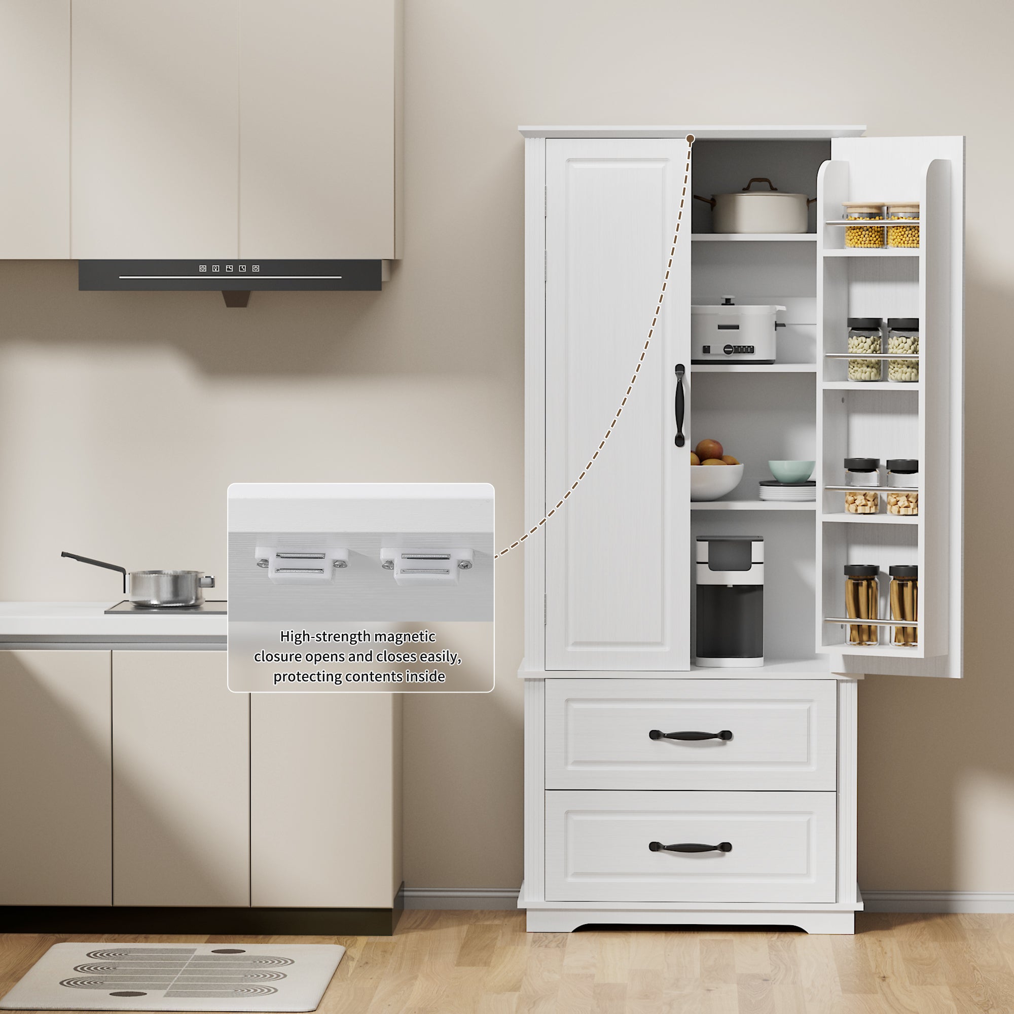 K&K 71" Farmhouse Kitchen Pantry Cabinet with Storage, White