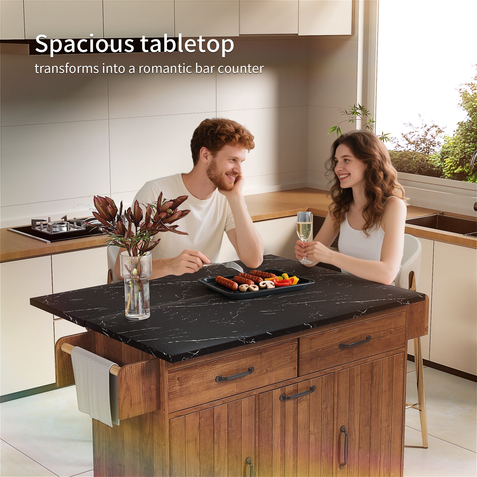 K&K Walnut Brown Kitchen Island Cart with Drop Leaf & Tilt-Out Trash Cabinet