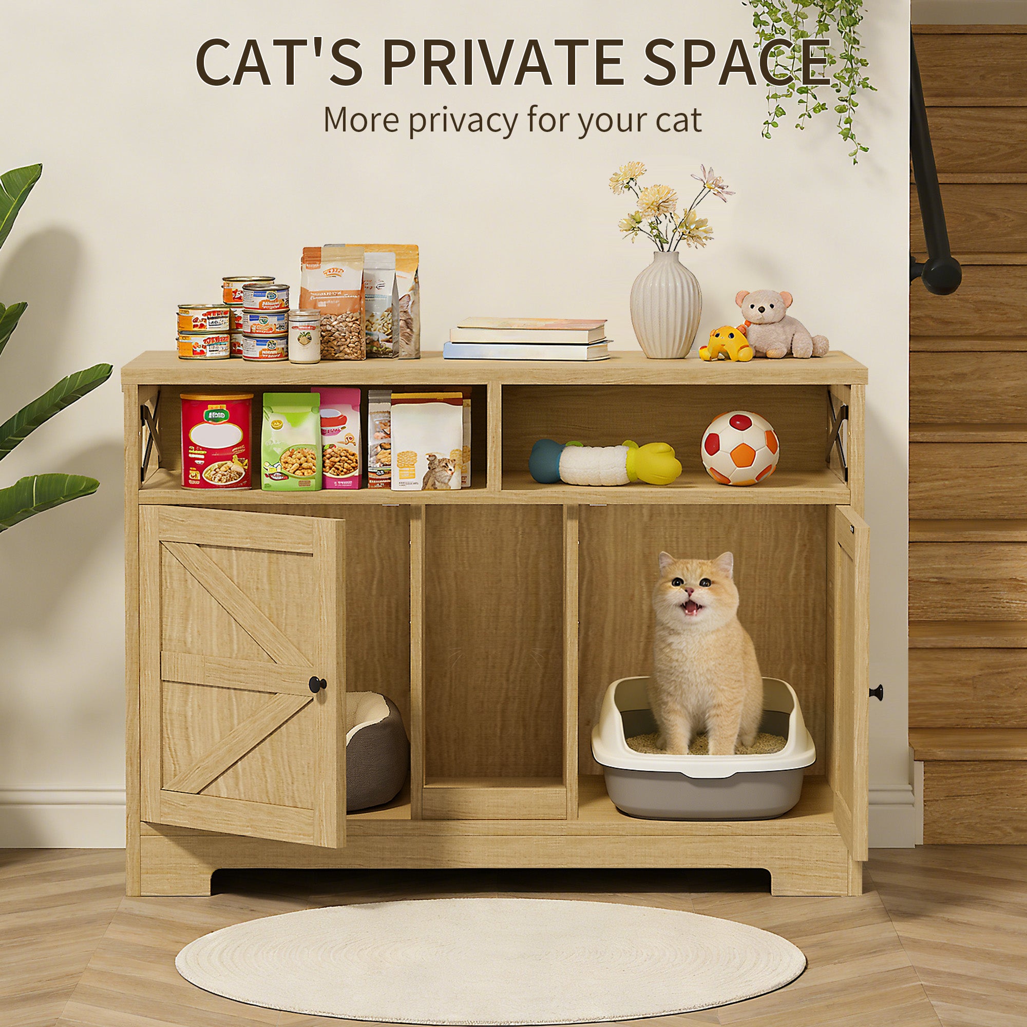 CATLK Double Cat Litter Box Enclosure - Hidden Litter Box Furniture Cabinet with Storage for 2 Cats, Wood Indoor Cat House Washroom End Side Table, Brown