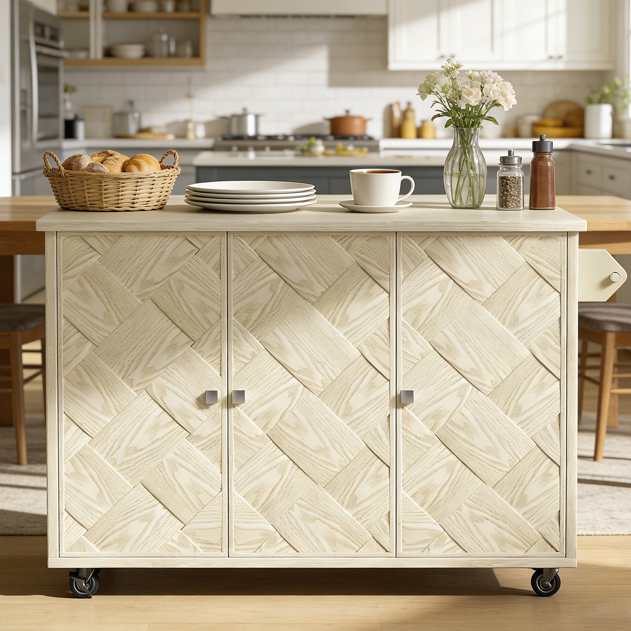 CATLK 51.2"W Kitchen Island on Wheels, Rolling Kitchen Island Cart with Solid Wood Drop Leaf Prep Table, Kitchen Islands with Storage Cabinet and Towel Rack, Island Table