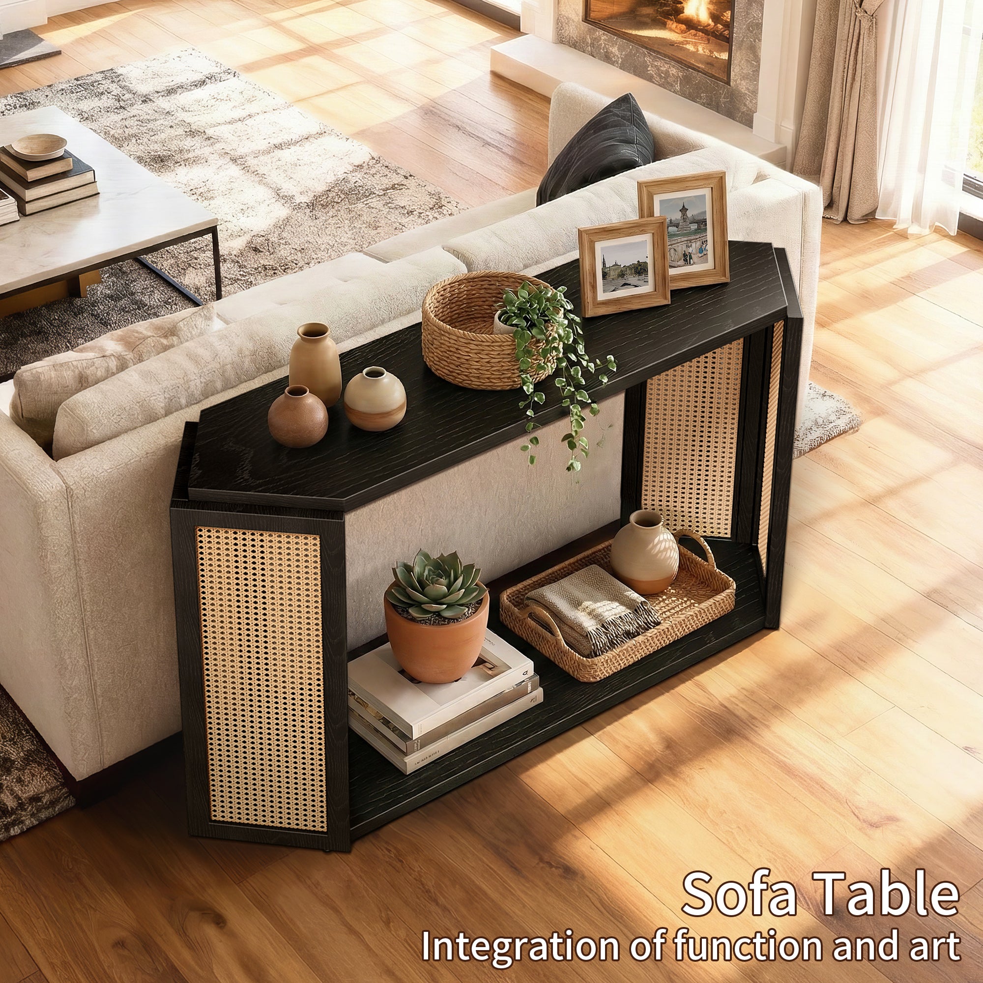 CATLK 53.54" Rattan Console Table with Open Shelf - Narrow Sofa Table Rhombus Wooden Table for Entryway, Hallway, Living Room