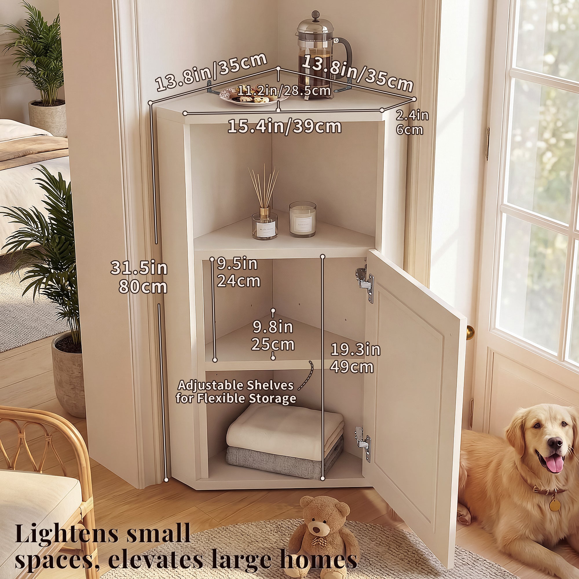 OMCHOM Corner Bathroom Cabinet, Space-Saving 90° Triangular Design with Adjustable Internal Shelf, With Elegant Rattan Door, Anti-Tip & Soft-Close Features, Multipurpose Organizer for Bathroom Bedroom Living Room Entryway
