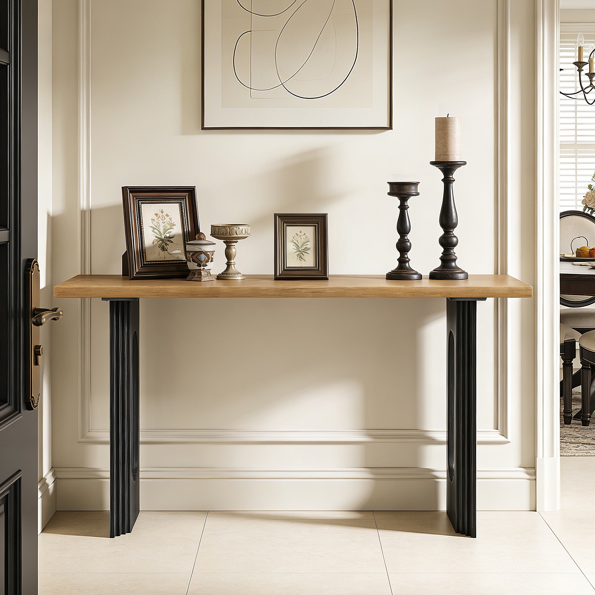 CATLK 59.2 Inch Console Table - Sofa Table Hallway Table, Solid Wood Veneer Console Table Behind Couch with Round Hollow Legs for Foyer, Living Room or Hallway