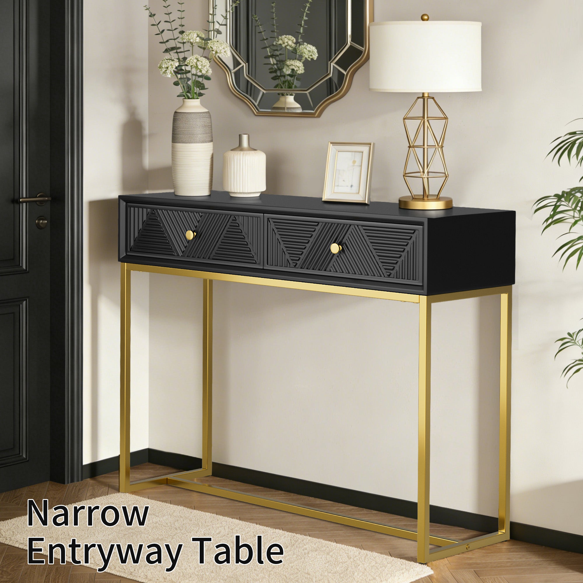 CATLK 38" Console Table with Stripe Design Drawers - Narrow Entryway Table, Wood Sofa Table with Gold Metal Legs for Living Room & Hallway