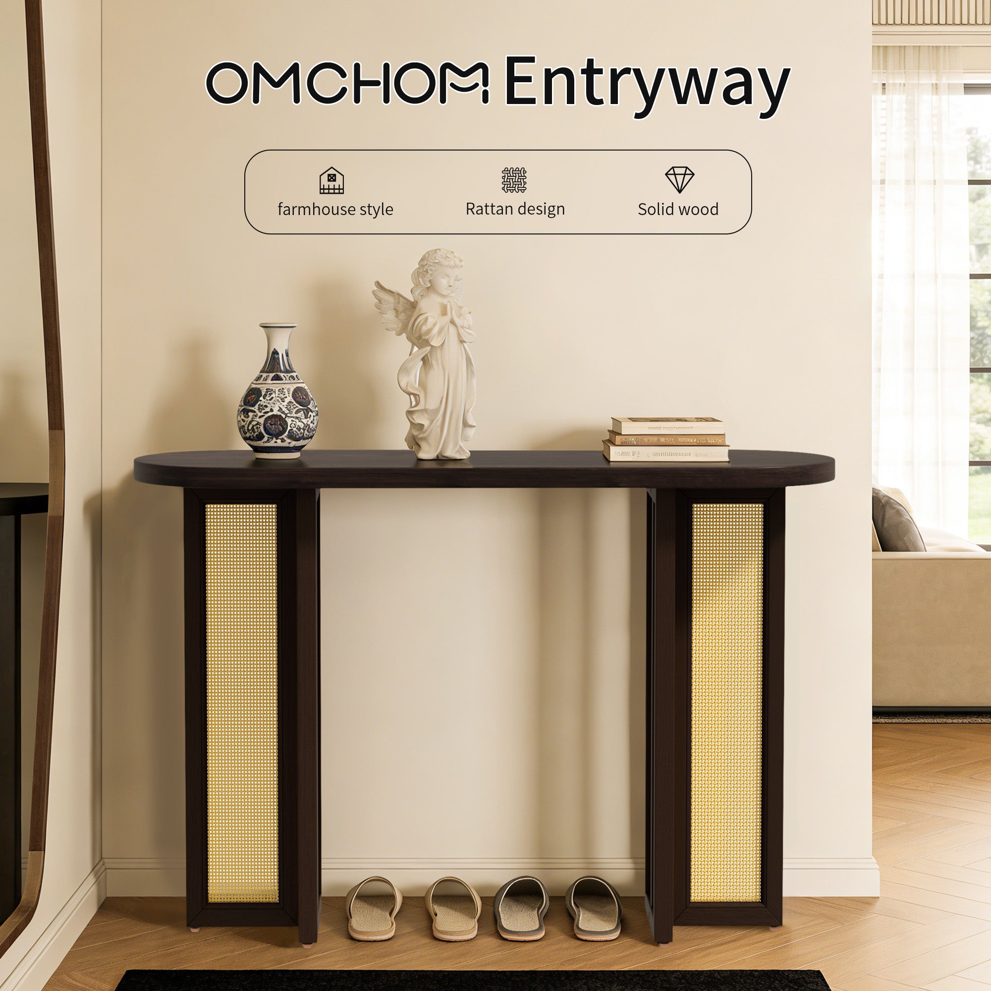 CATLK 47.8" Farmhouse Rattan Console Table - Oval Wooden Sofa Table Behind Couch, Narrow Entryway Table for Entryway & Living Room