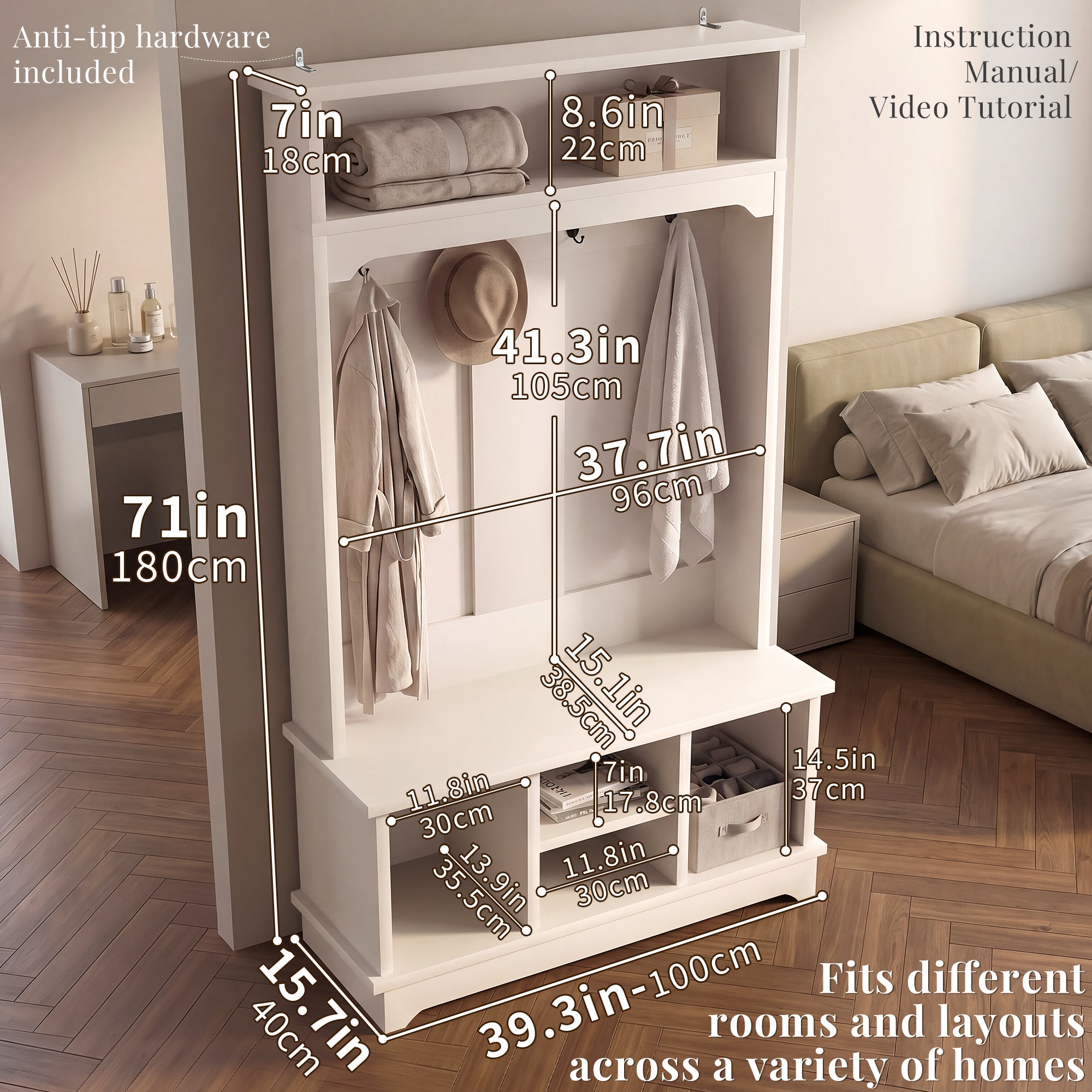 OMCHOM 5-in-1 Entryway Hall Tree with Bench & 4-Hook Coat Rack Organizer with Shoe Storage for Clothes, Shoes, Hats, Scarves, Bags, Umbrellas & Keys | 71" Tall Coat Rack with Shoe Storage & Top Shelf