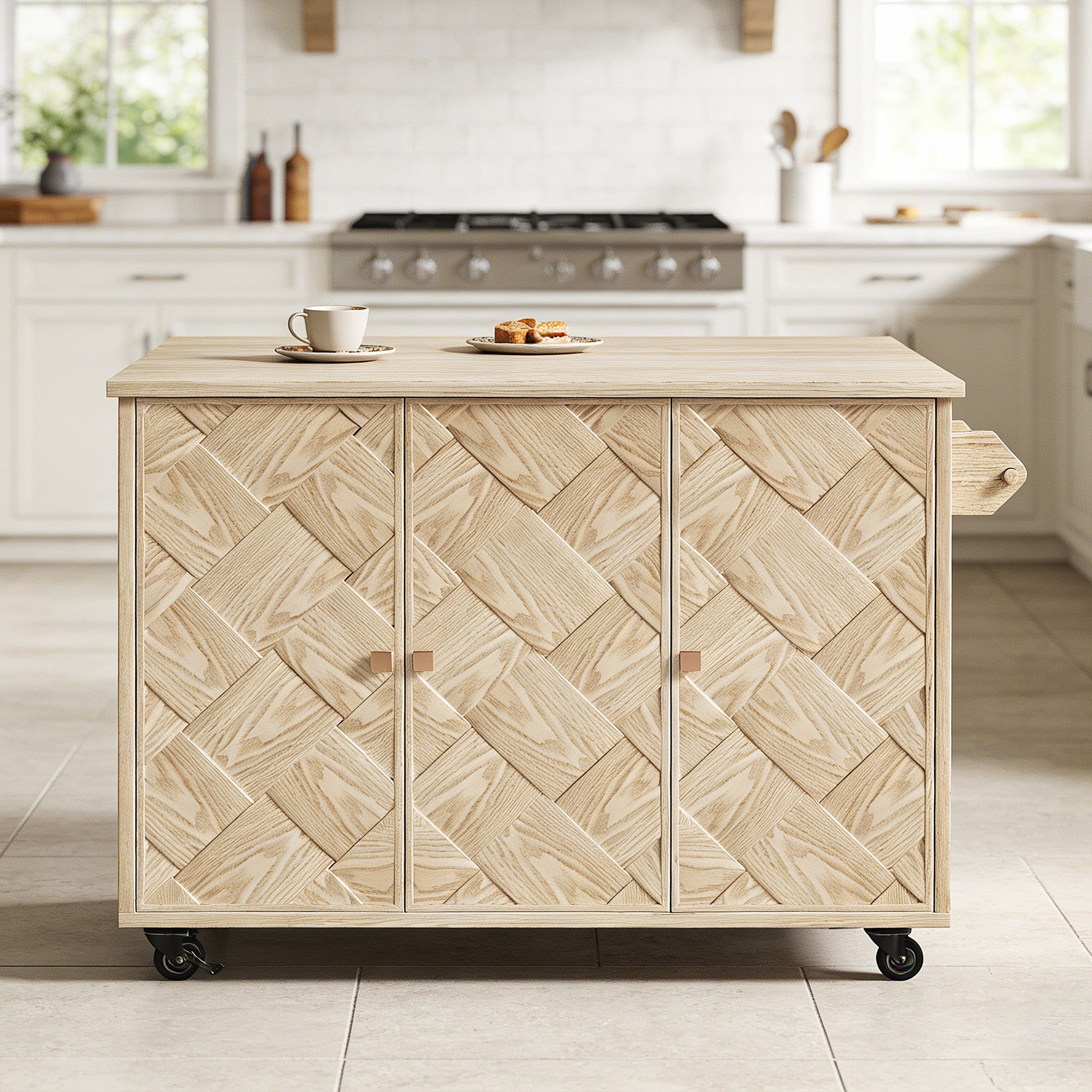 CATLK 51.2"W Kitchen Island on Wheels, Rolling Kitchen Island Cart with Solid Wood Drop Leaf Prep Table, Kitchen Islands with Storage Cabinet and Towel Rack, Island Table