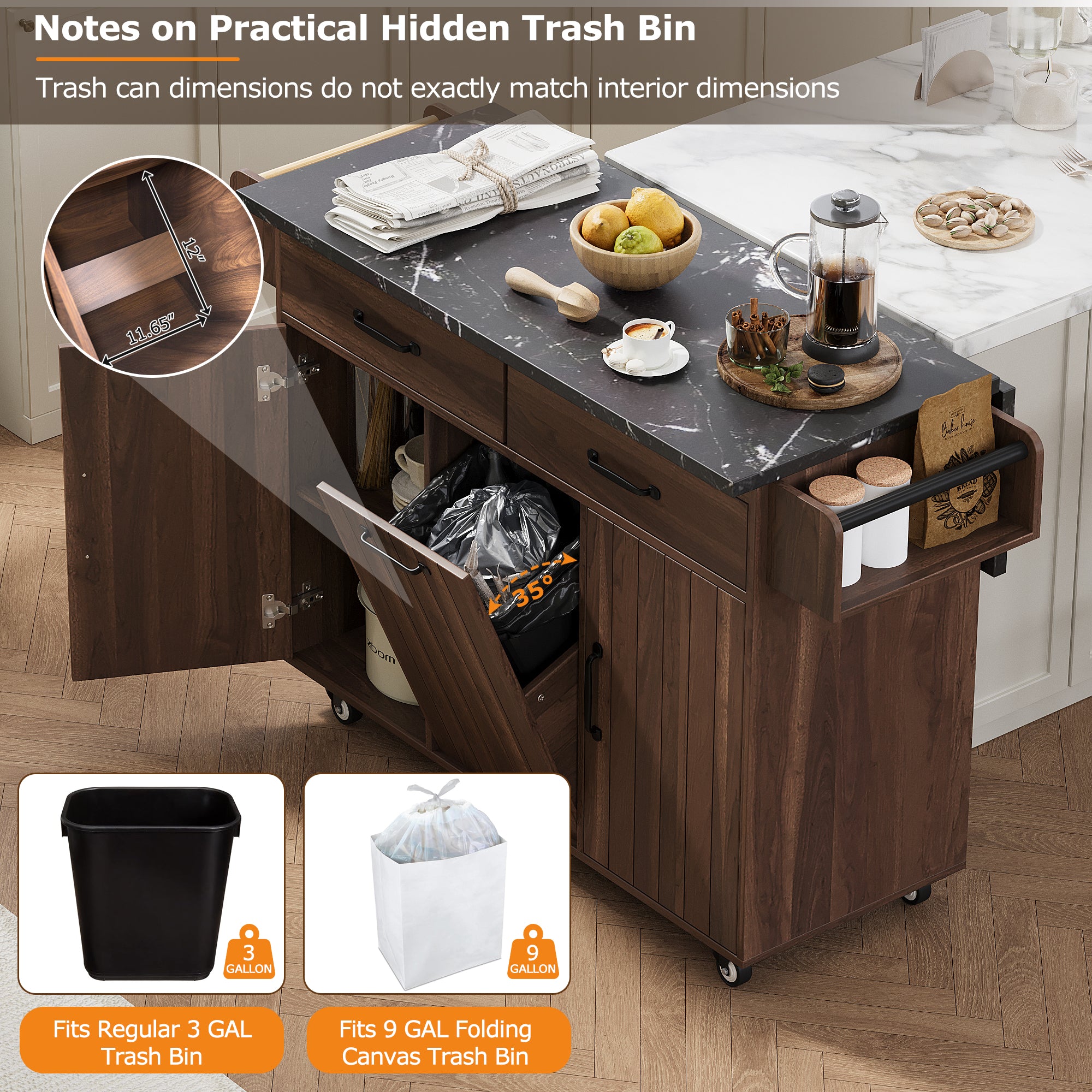 K&K Walnut Brown Kitchen Island Cart with Drop Leaf & Tilt-Out Trash Cabinet