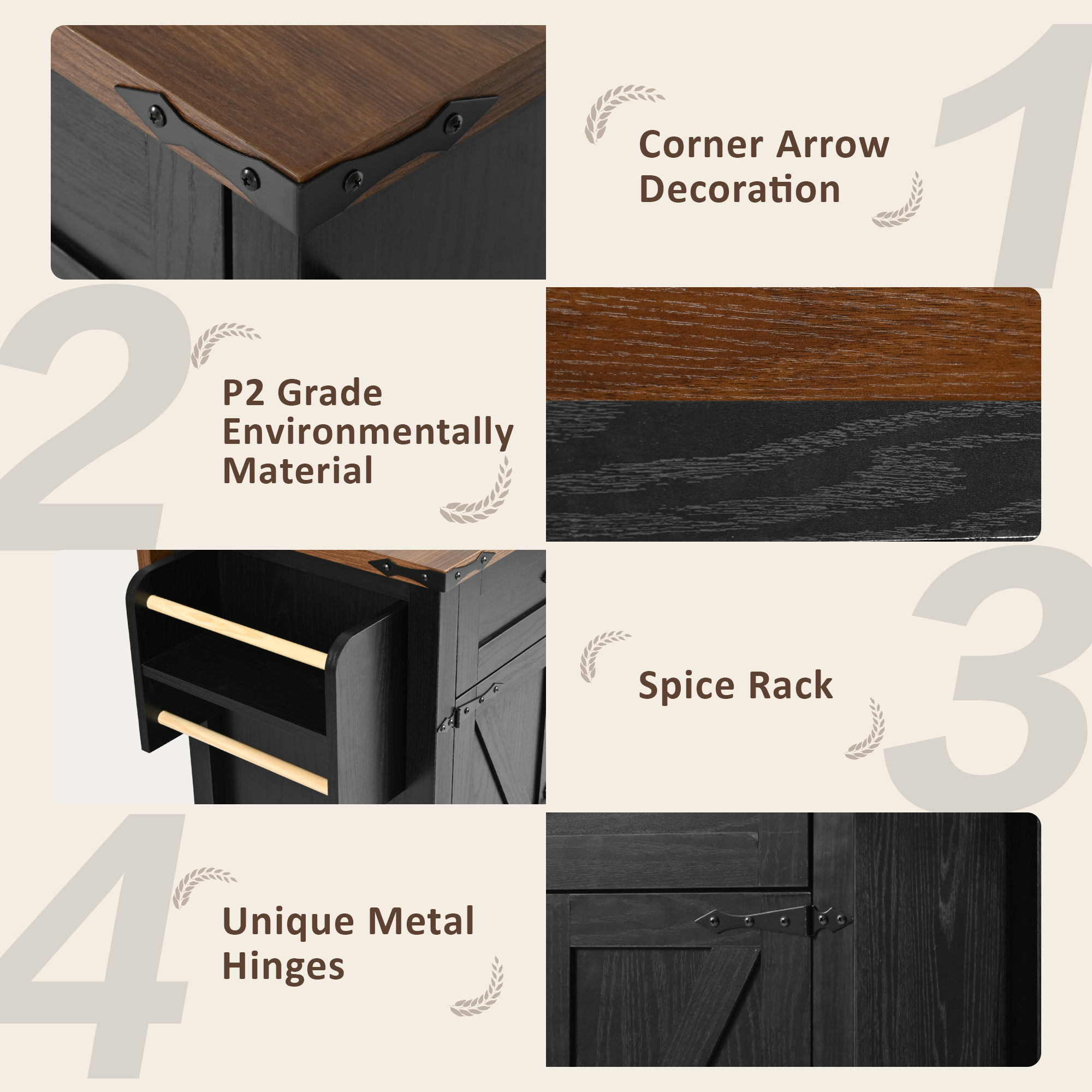 K&K 53.5" Black Farmhouse Kitchen Island with Power Outlet, Drop Leaf & Storage
