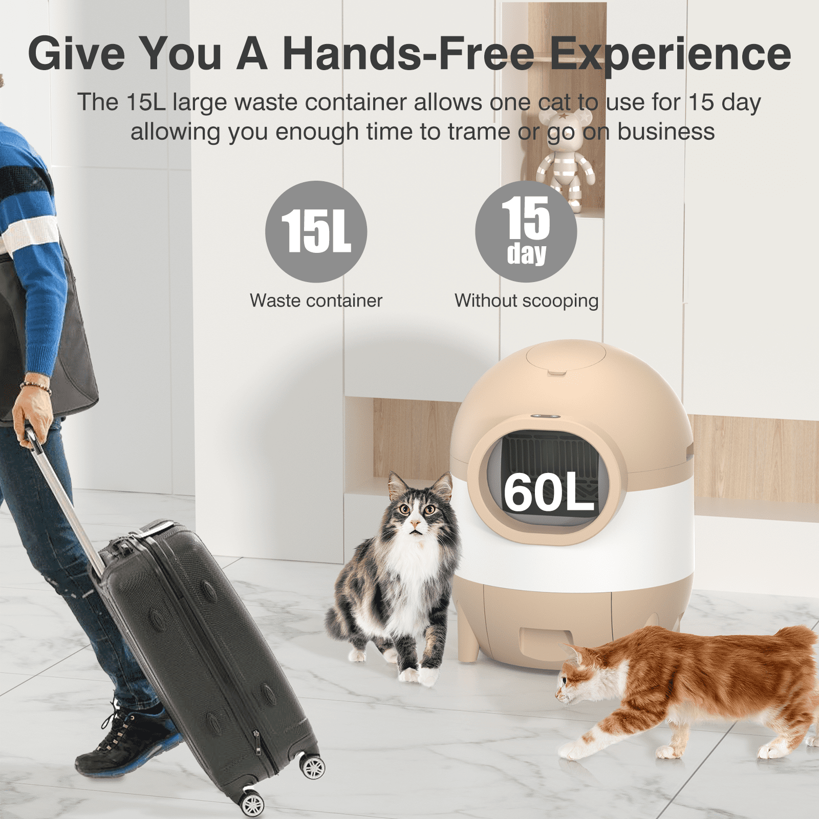 OMCPET 100L Smart Self Cleaning Cat Litter Box, Integrated Safety Protection Automatic Cat Litter Box for Multiple Cats, Odor Removal, APP Control, 2.4G Wifi, Brown