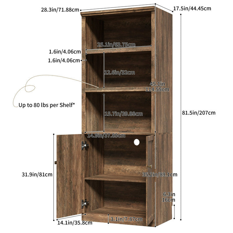 CATLK 81.50" Tall Storage Cabinet - Side Cabinet with Storage Shelves, Narrow Bookcase with 2 Doors, 3 Open Shelves & USB Port for Bathroom, Living Room or Kitchen, Rustic Brown