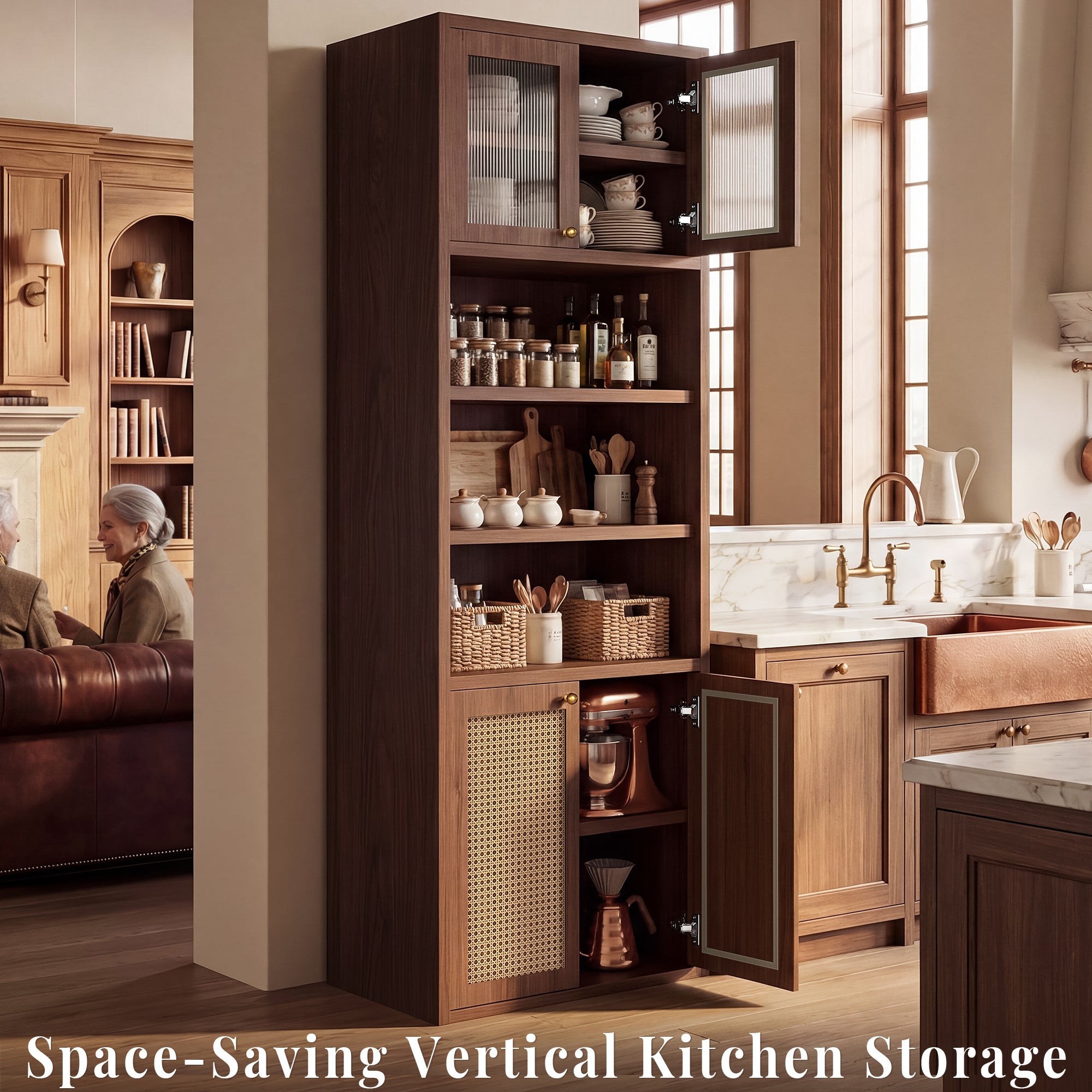 OMCHOM 71" Tall Bathroom Storage Cabinet with Adjustable Shelves,with Fluted Glass & Rattan Doors, Narrow Tall Linen Tower with Open Shelves, Two-Way Doors Freestanding Cabinet with Anti-Tip, for Home, Kitchen, Living Room