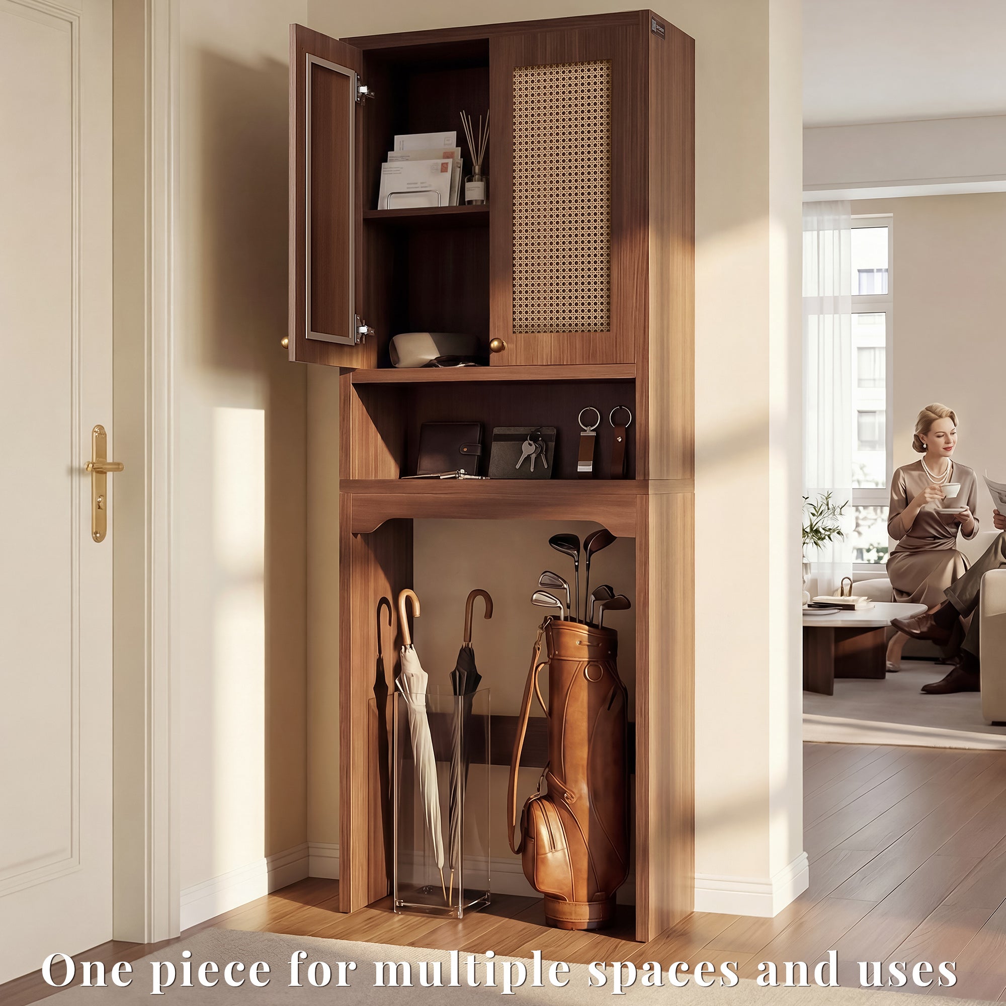 OMCHOM Over-The-Toilet Tall Bathroom Storage Cabinet with Wooden Floor, Rattan Door, 1 Drawer & Open Storage for Bathroom, Kitchen, Living Room
