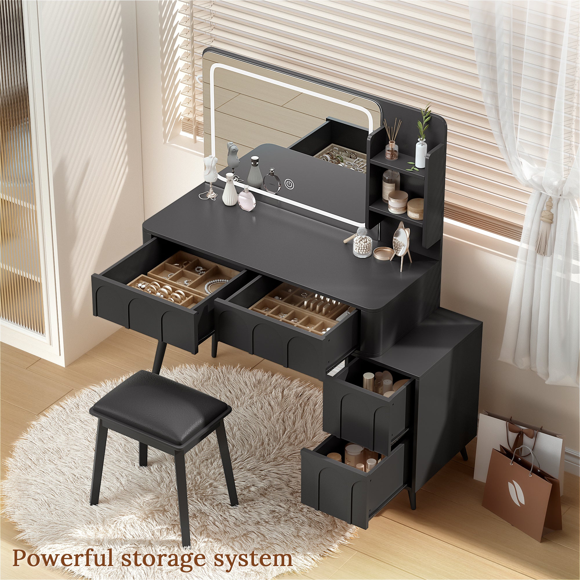 Black Vanity Set with LED Mirror & 4 Drawers
