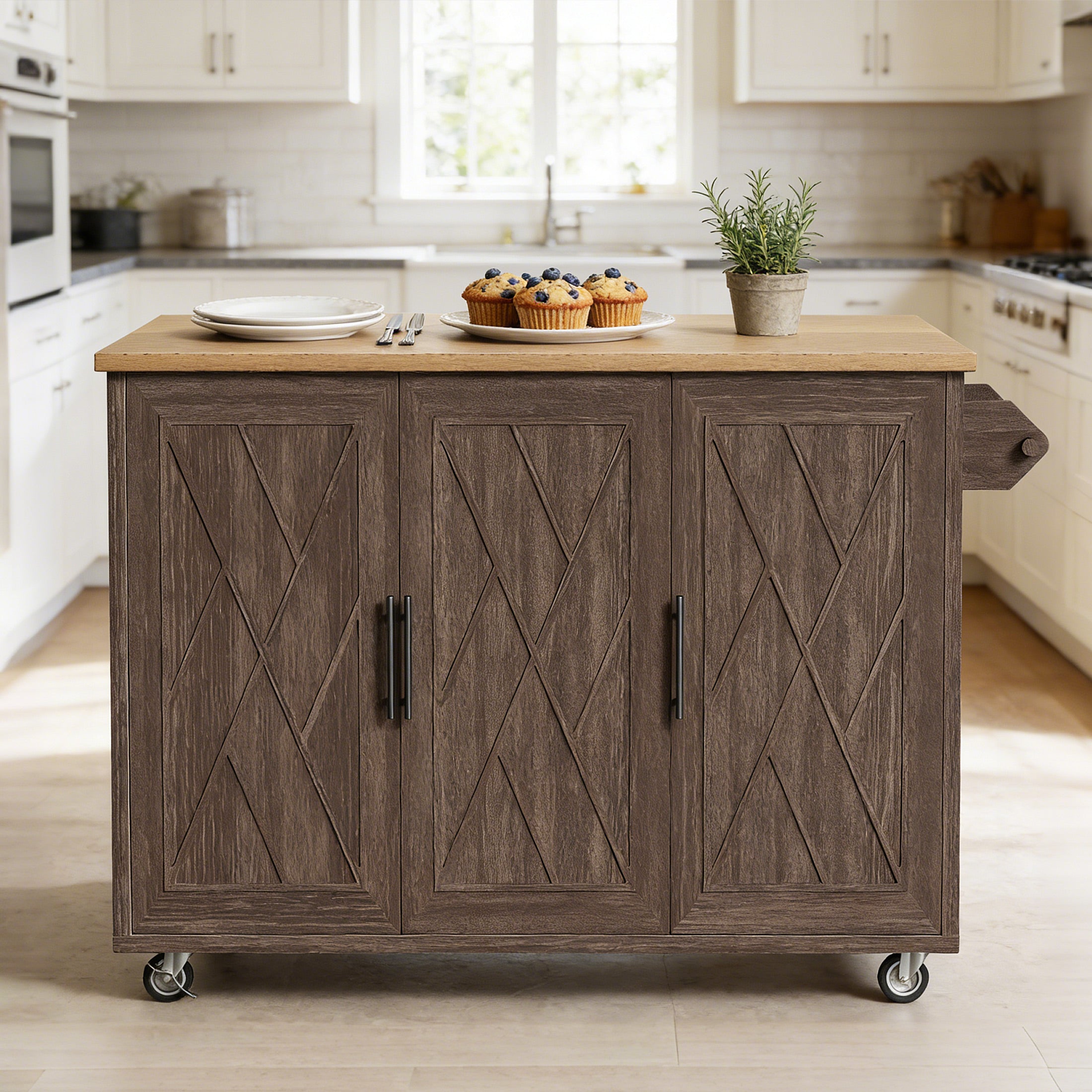 CATLK 51.2"W Kitchen Island on Wheels, Rolling Kitchen Island Cart with Solid Wood Drop Leaf Prep Table, Kitchen Islands with Storage Cabinet and Towel Rack, Island Table