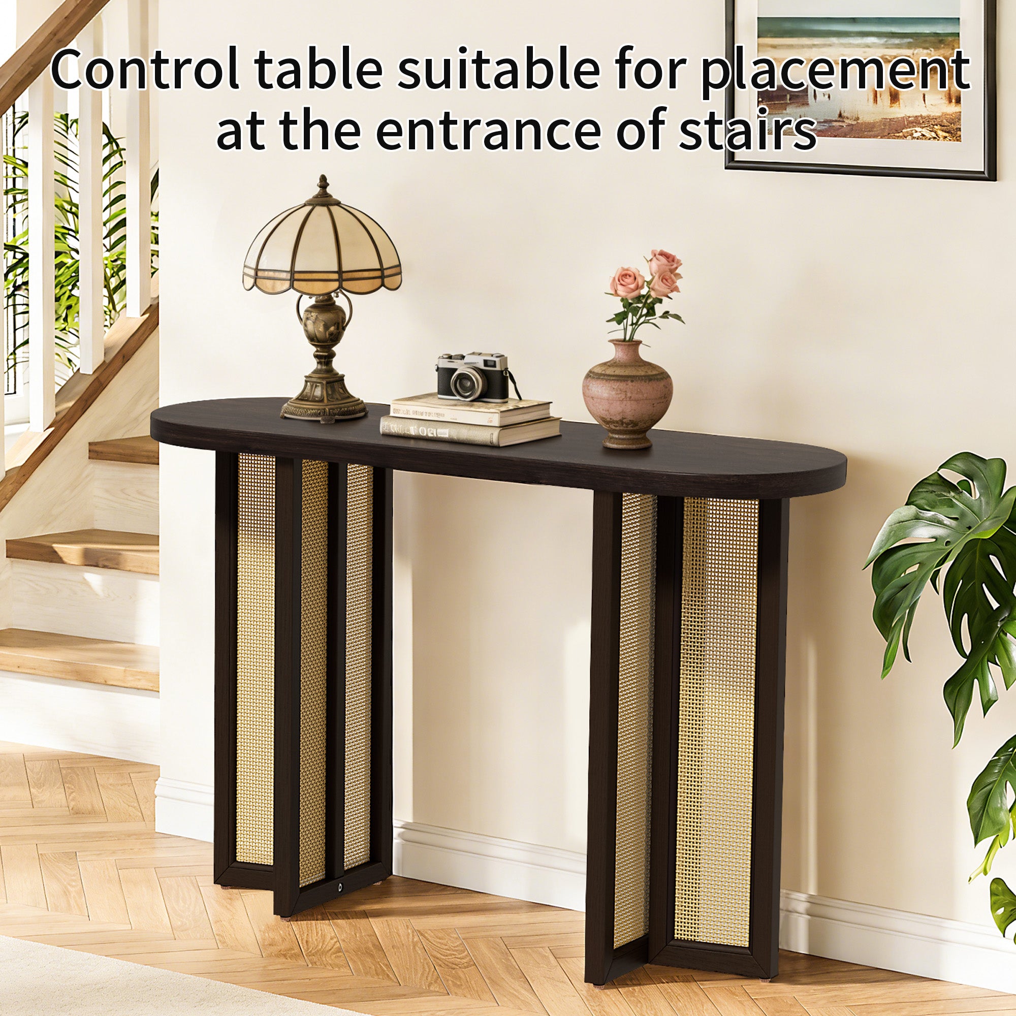 CATLK 47.8" Farmhouse Rattan Console Table - Oval Wooden Sofa Table Behind Couch, Narrow Entryway Table for Entryway & Living Room