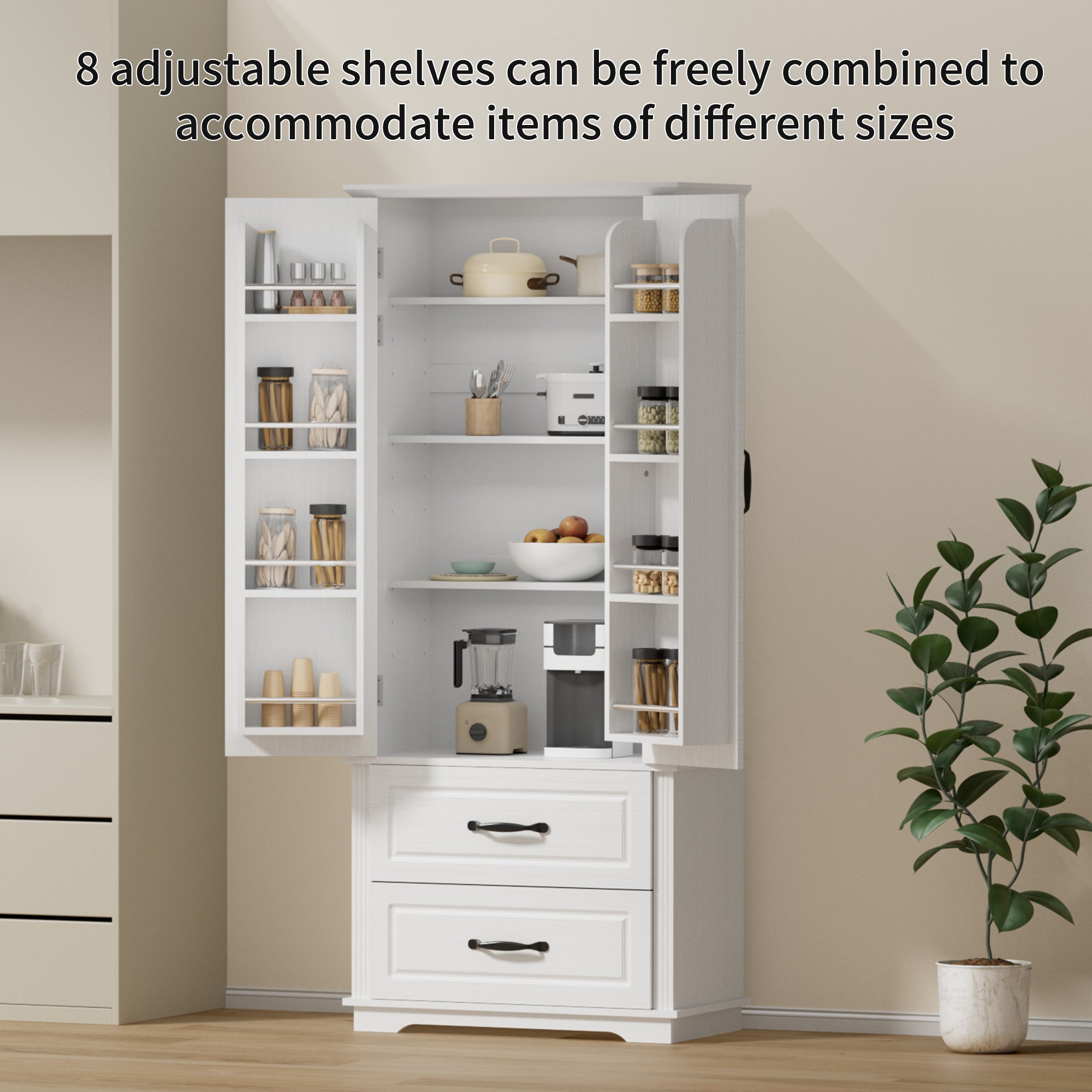 K&K 71" Farmhouse Kitchen Pantry Cabinet with Storage, White
