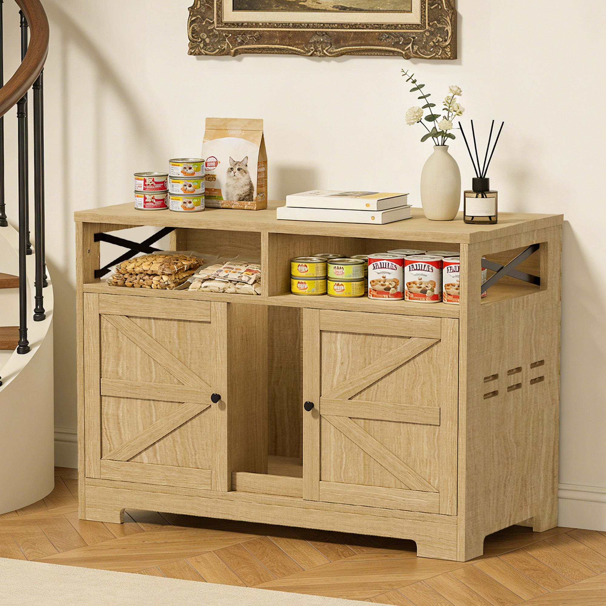 CATLK Double Cat Litter Box Enclosure - Hidden Litter Box Furniture Cabinet with Storage for 2 Cats, Wood Indoor Cat House Washroom End Side Table, Brown