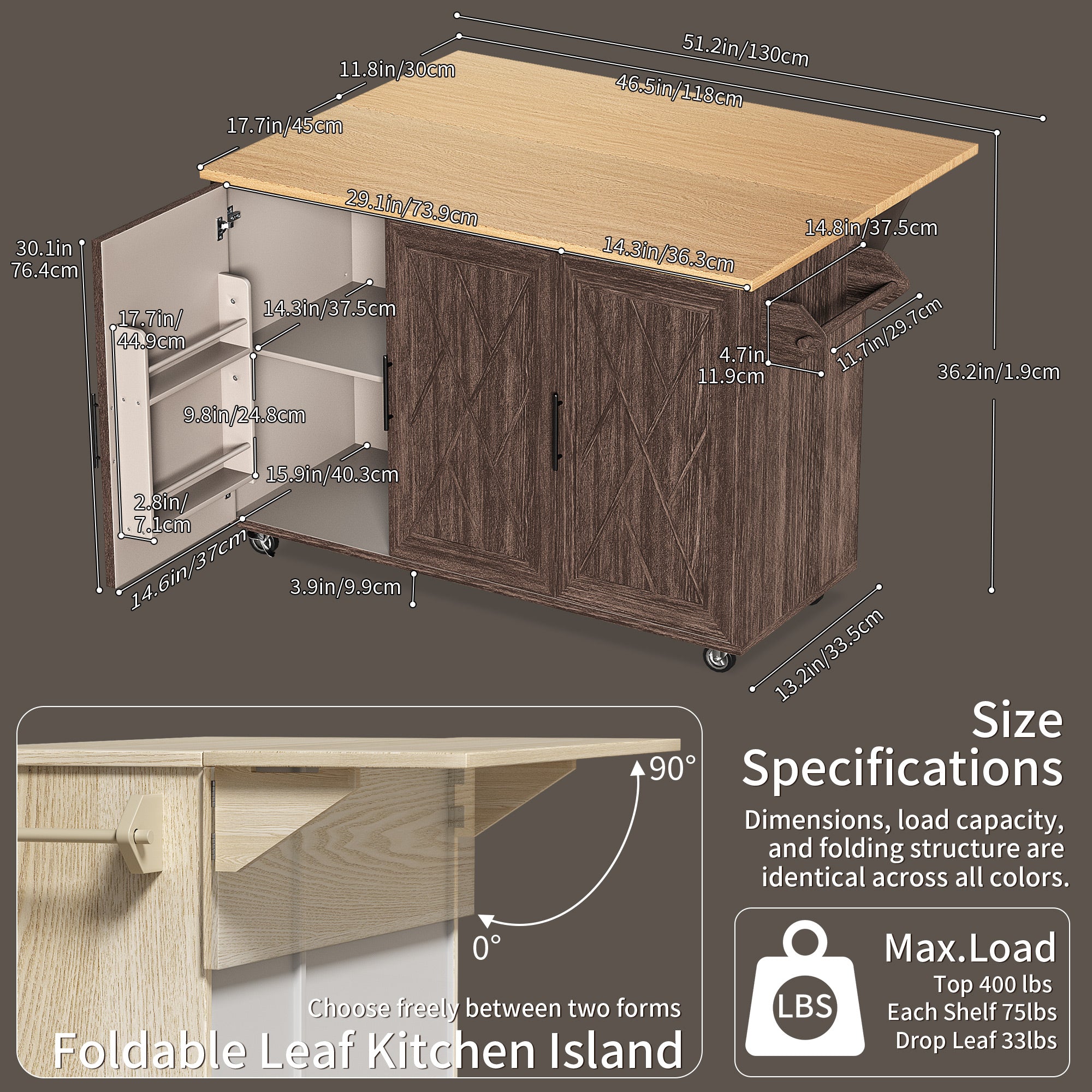 CATLK 51.2"W Kitchen Island on Wheels, Rolling Kitchen Island Cart with Solid Wood Drop Leaf Prep Table, Kitchen Islands with Storage Cabinet and Towel Rack, Island Table
